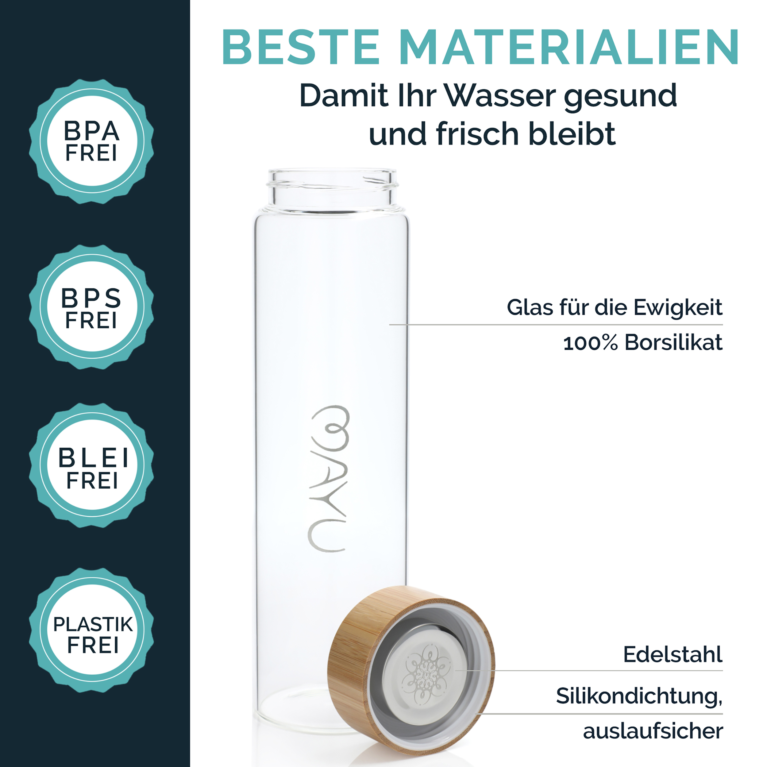 Glasflasche mit Bambusdeckel, BPA/BPS/Blei/Plastikfrei, Edelstahl & Silikondichtung.