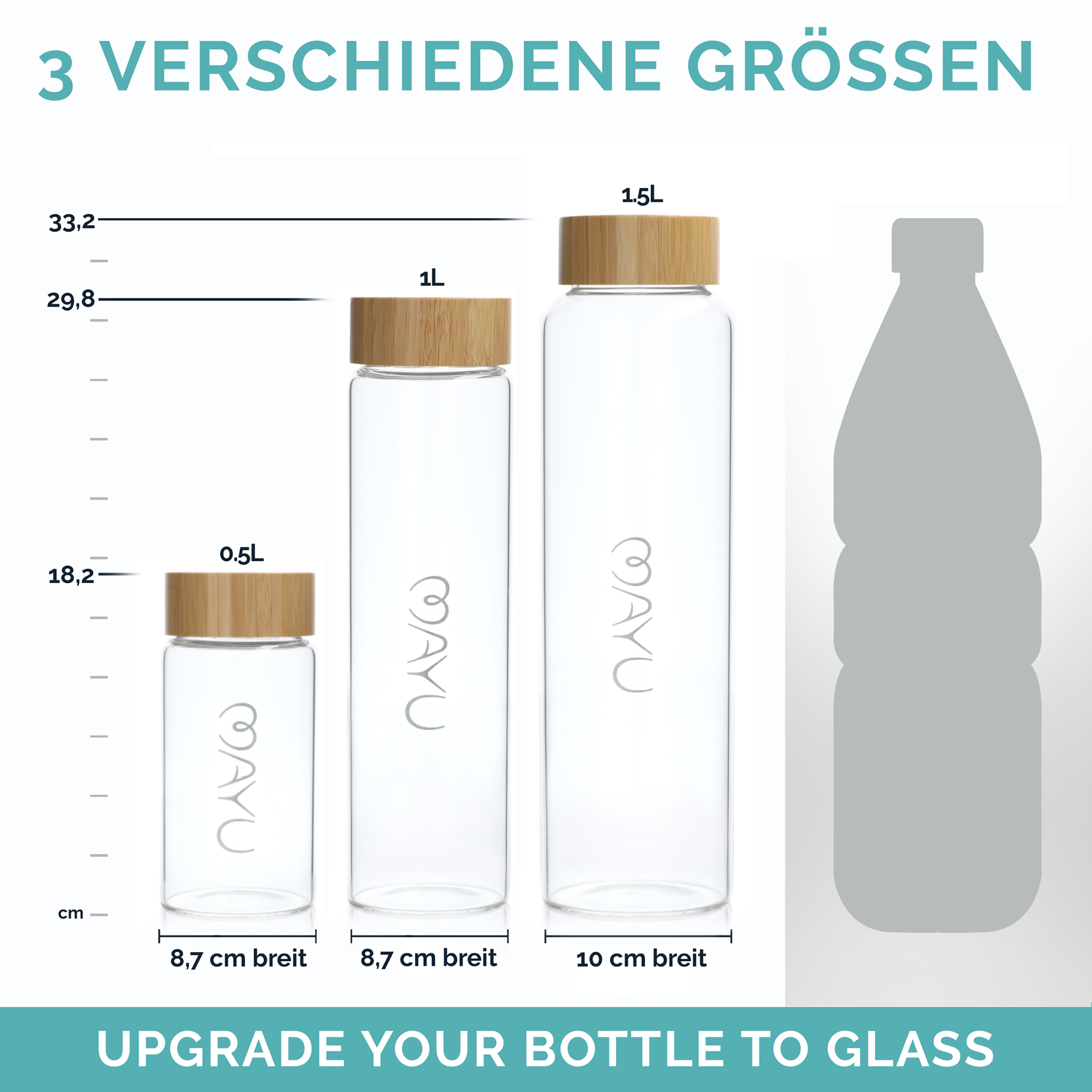 Drei Glasflaschen verschiedener Größen mit Holzdeckeln.