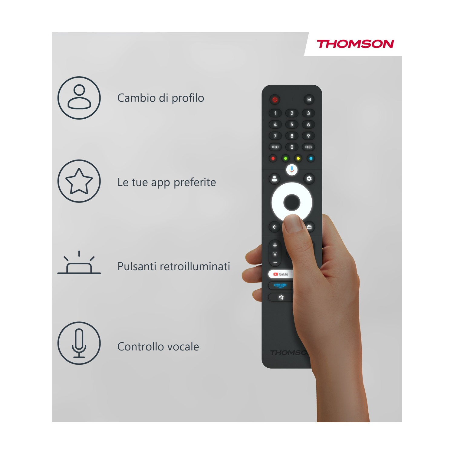 Dłoń trzyma pilota Thomson z przyciskami i ikonami.