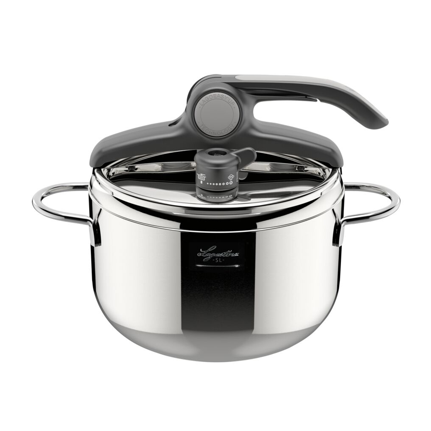 Błyszczący szybkowar ze stali nierdzewnej z czarną rączką i zaworem.