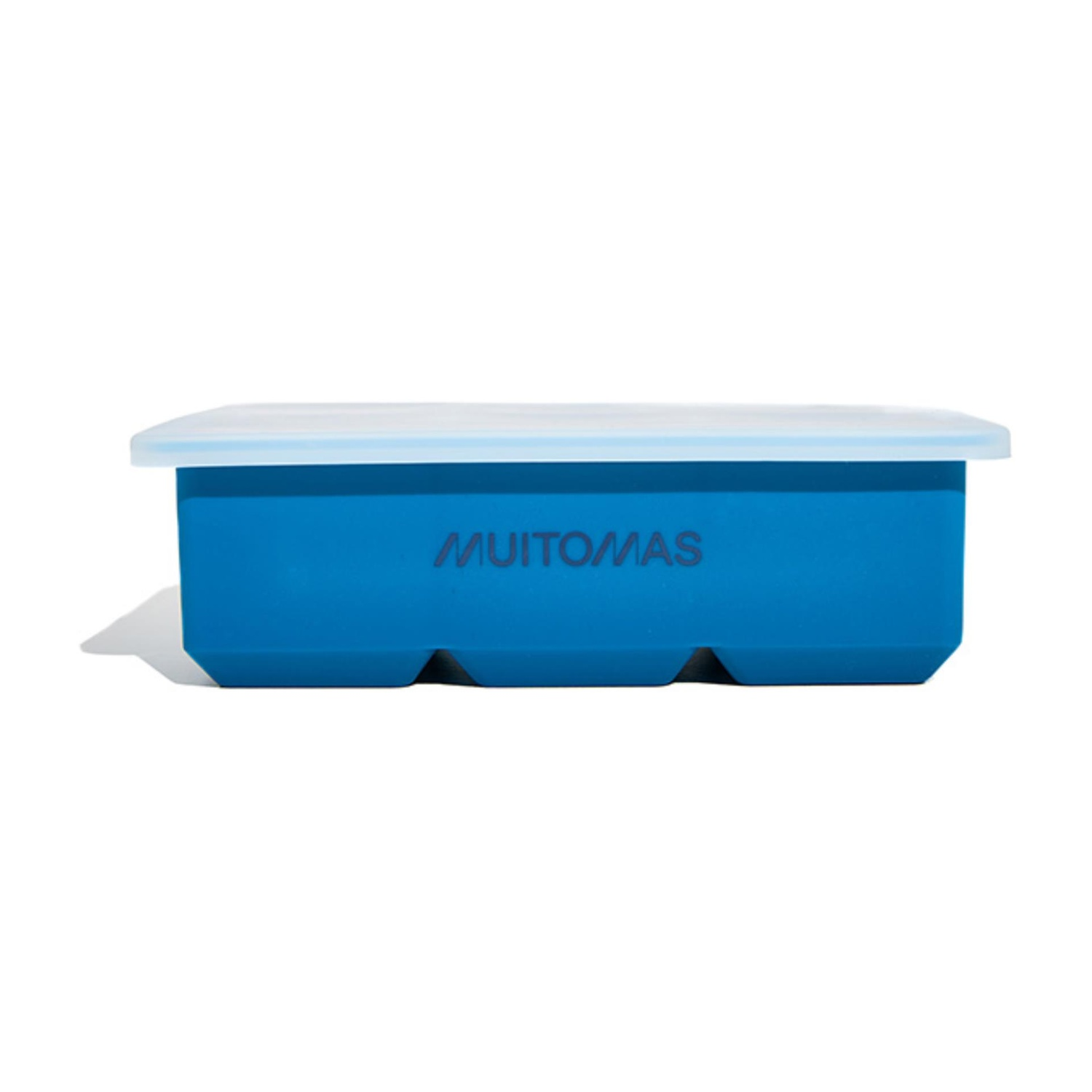 Vaschetta per cubetti di ghiaccio blu con coperchio bianco e logo rosso.