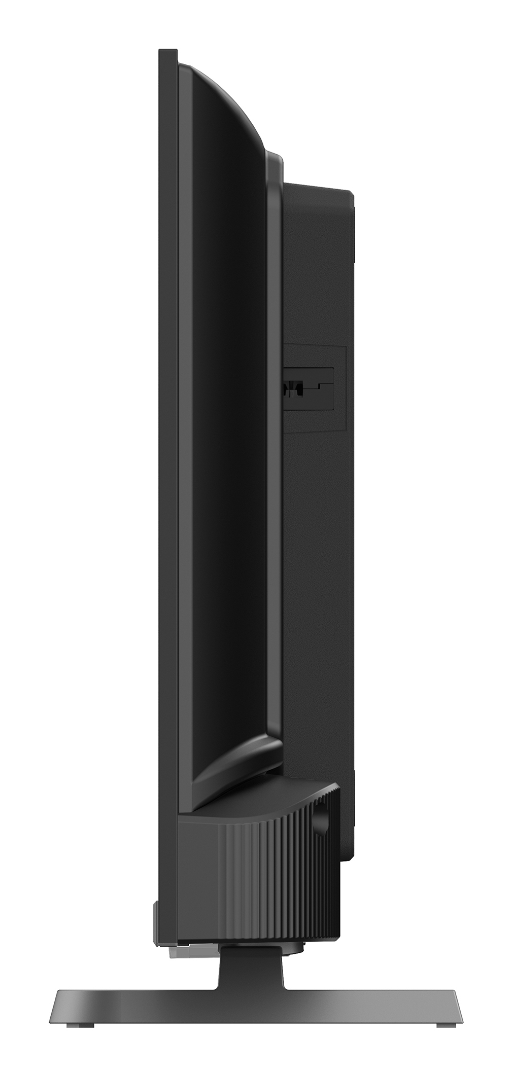 Vista laterale di una TV nero a schermo piatto con cornice sottile su un supporto.