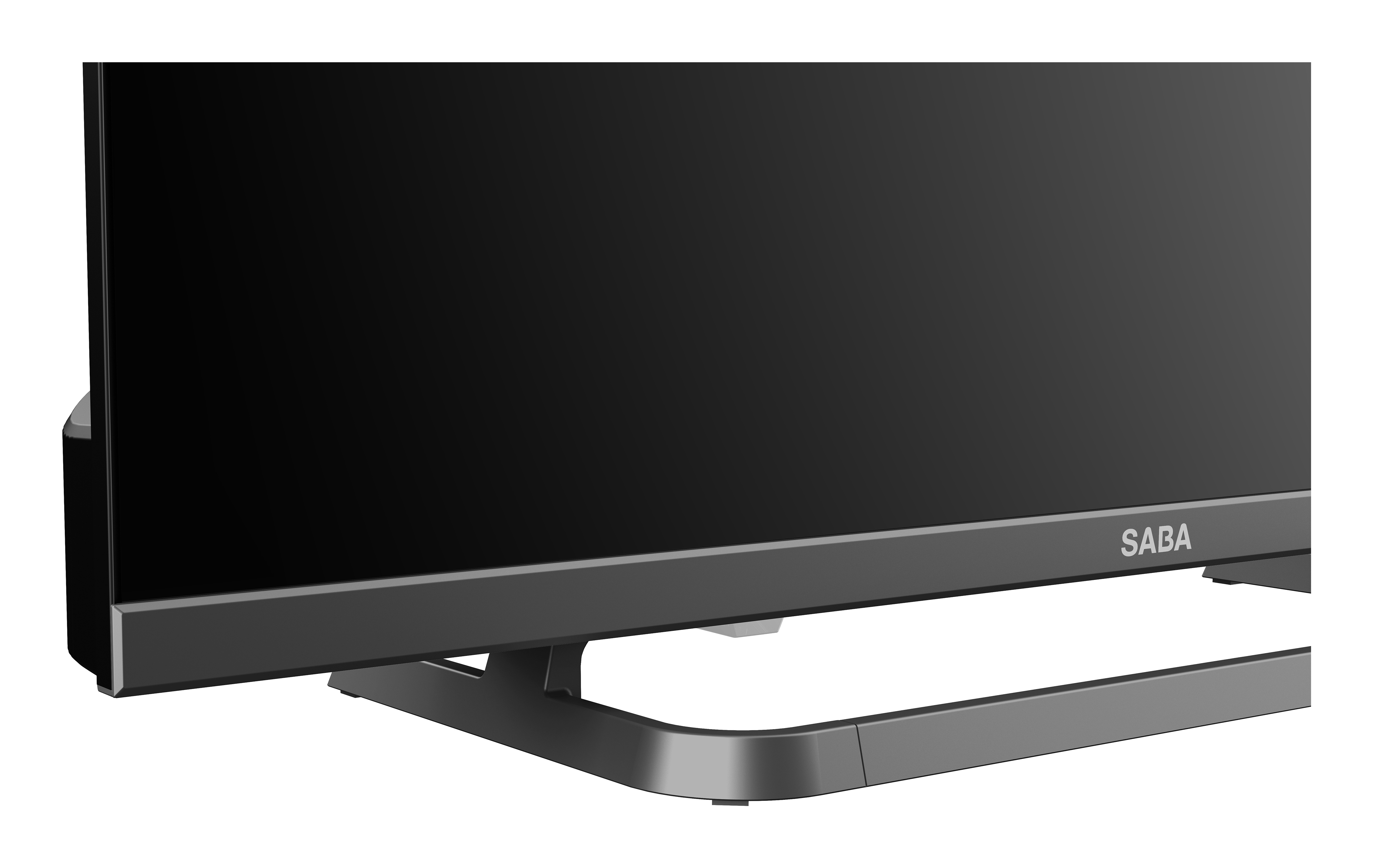 Una moderna TV nera con cornice e piedistallo argentati.