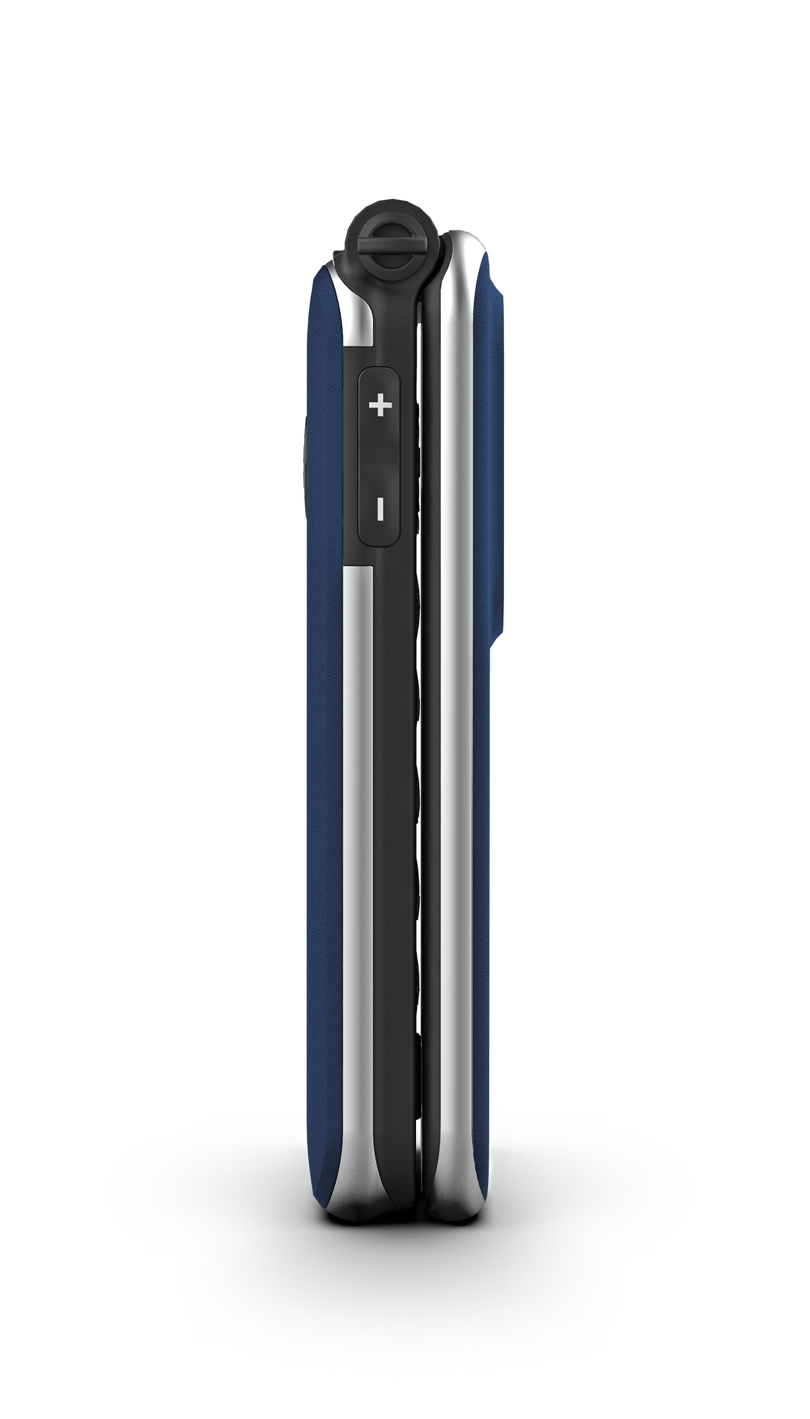 Ein geschlossenes blaues Handy mit silbernen und schwarzen Akzenten, Seitenansicht.