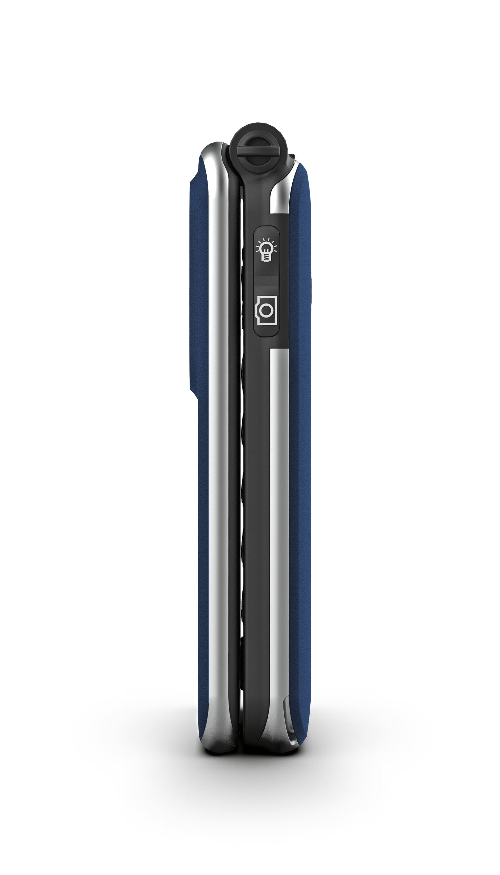 Geschlossenes blaues Klapptelefon mit Kamera- und Lichtsymbolen.