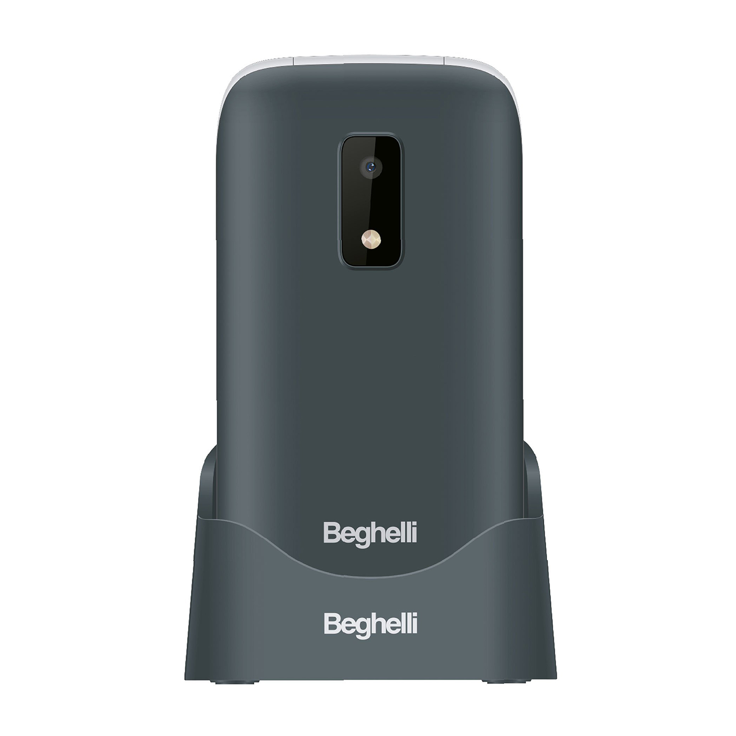 Ciemne, prostokątne urządzenie z aparatem i lampą błyskową na stojaku.