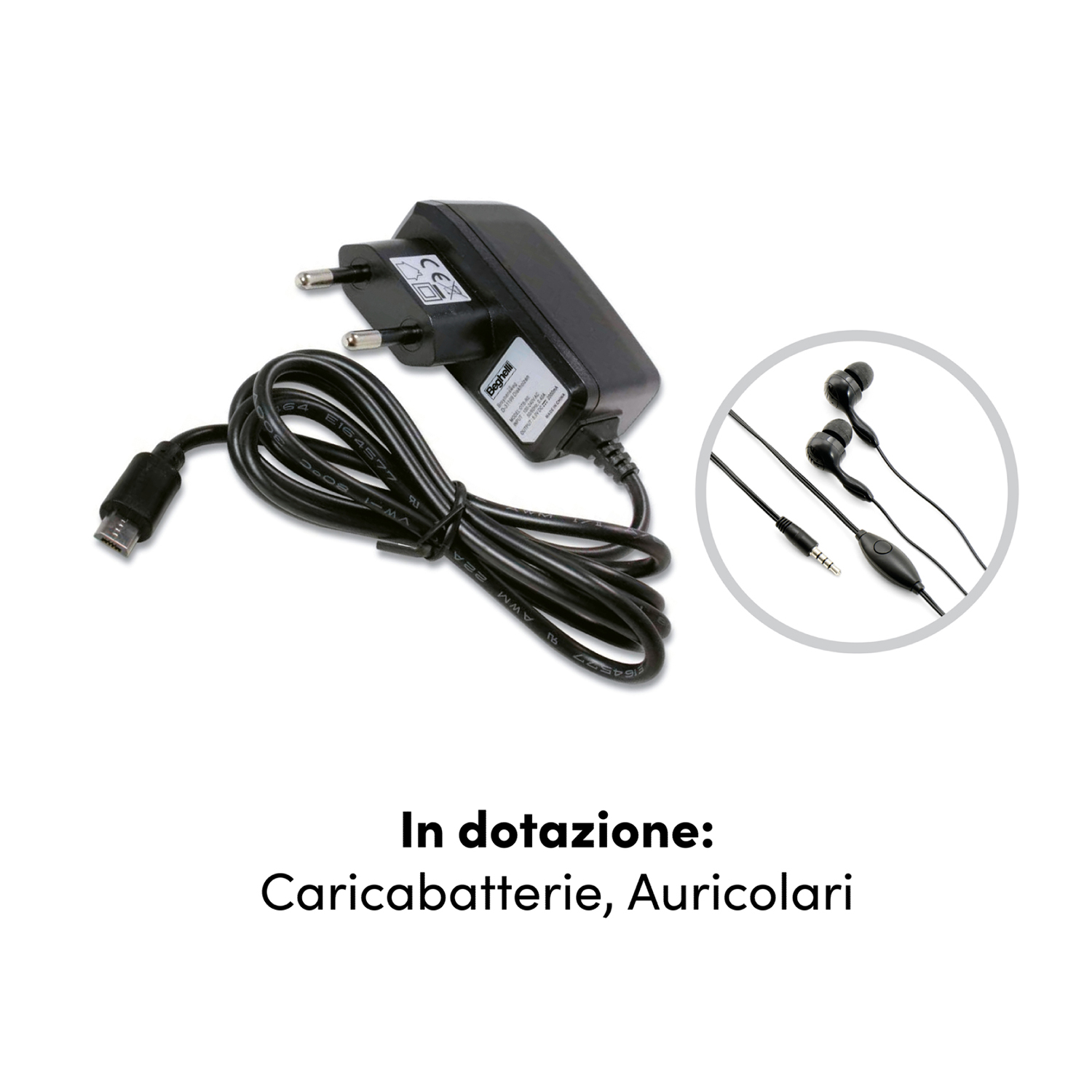 Un caricabatterie nero e auricolari con cavo su sfondo bianco.