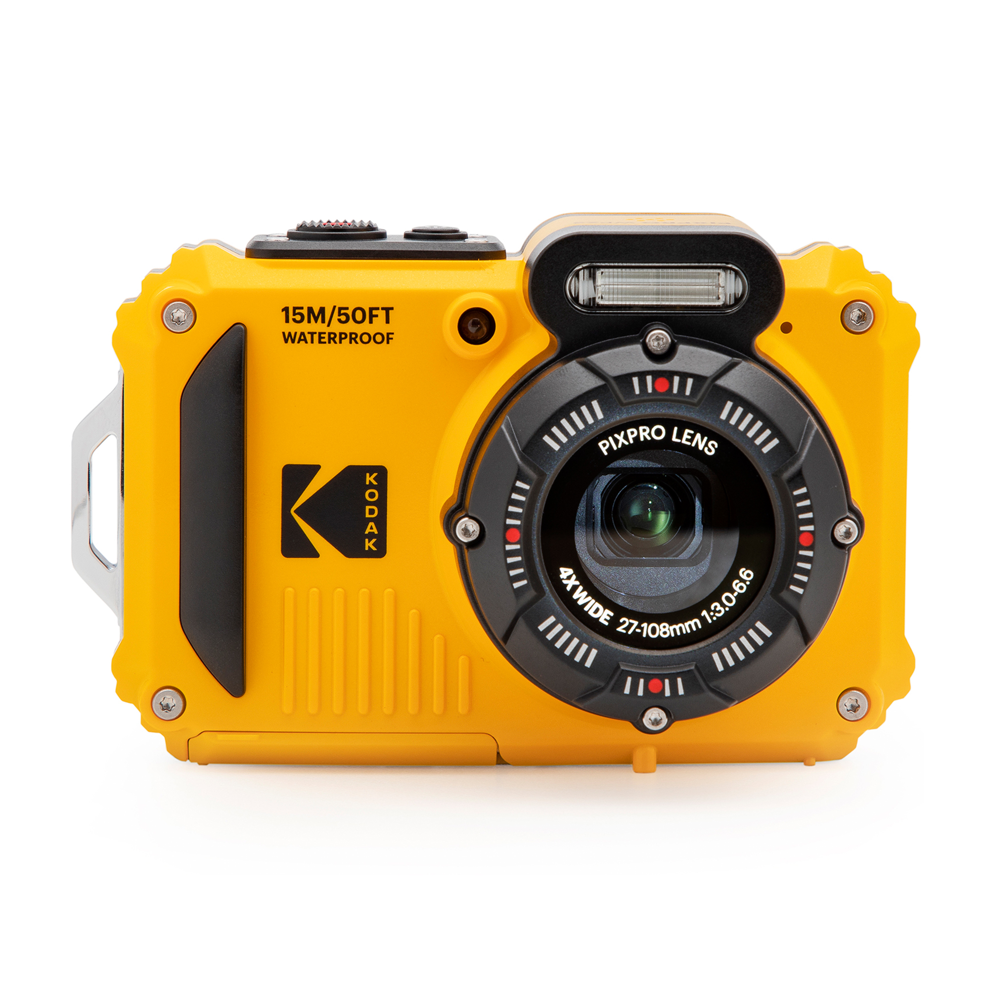 Eine gelbe, wasserdichte Kodak Digitalkamera mit schwarzem Objektivring und Blitz.