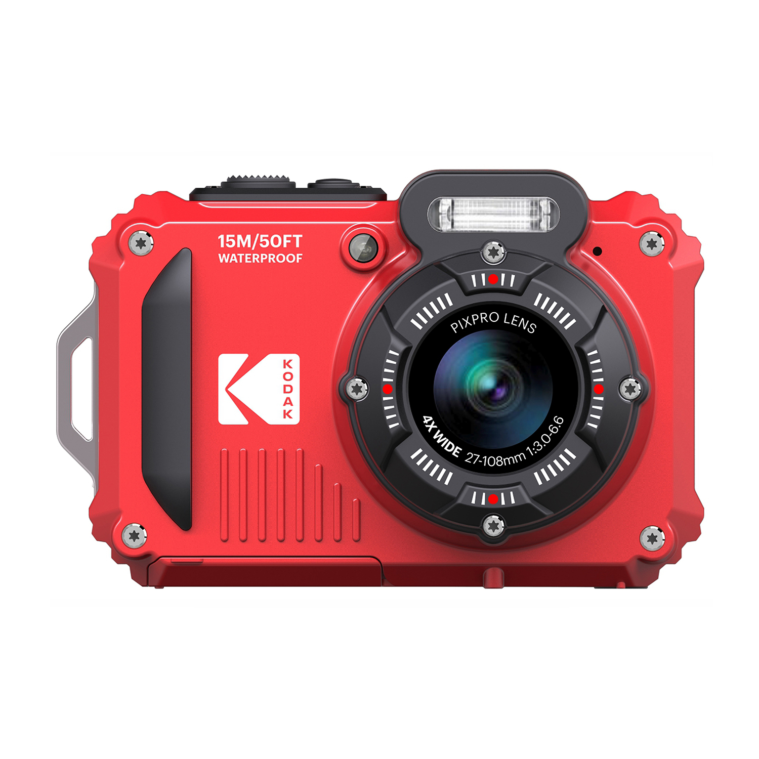 Czerwony, wodoodporny aparat Kodak z obiektywem PIXPRO i 4-krotnym zoomem szerokokątnym.