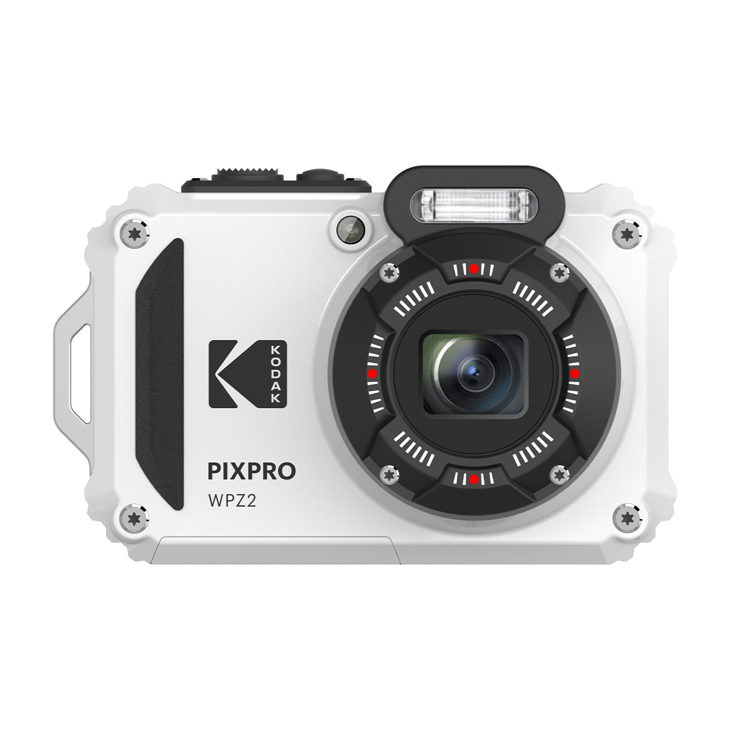Biały aparat Kodak Pixpro WPZ2 z czarnym pierścieniem i lampą.