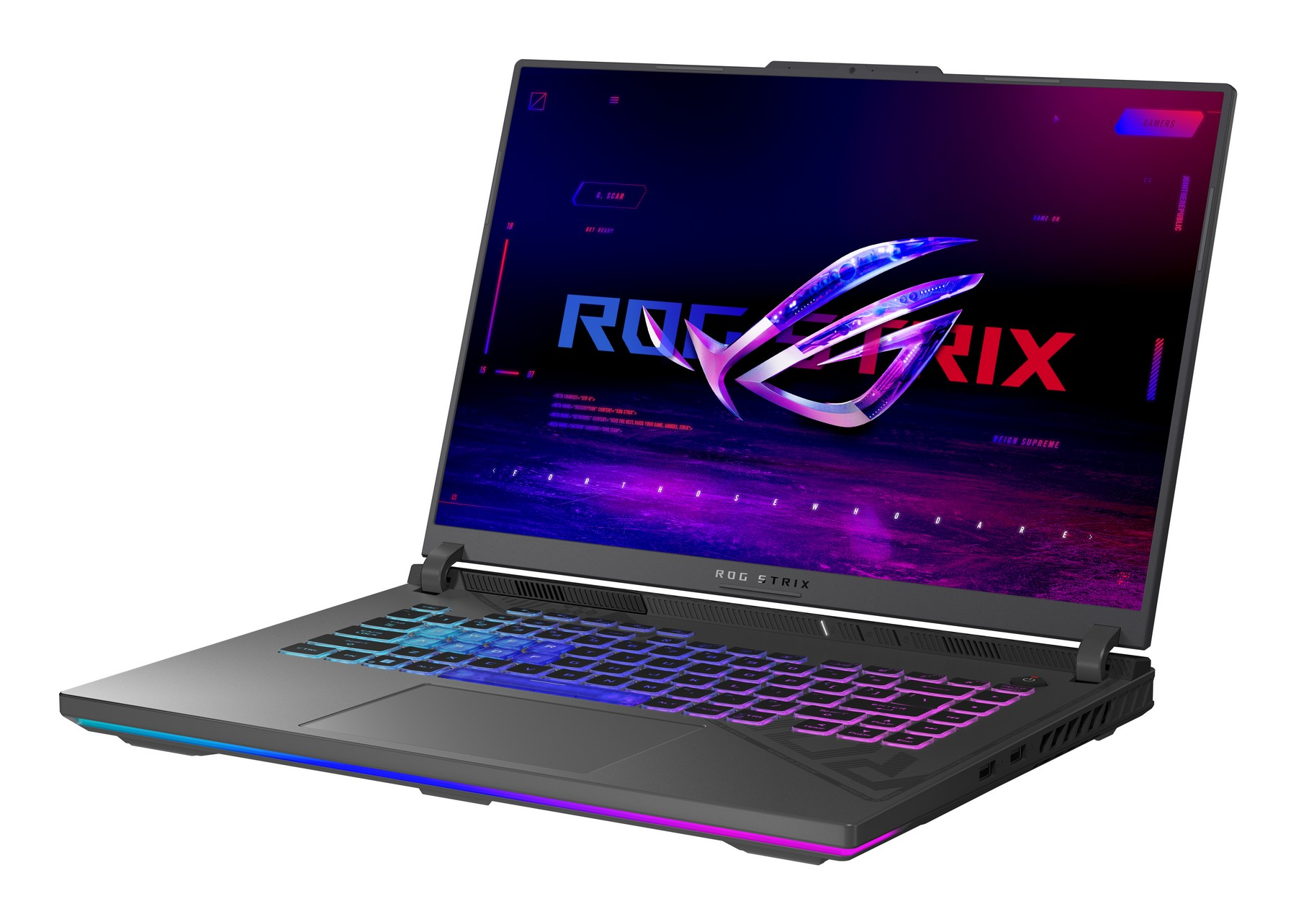 Un laptop aperto con tastiera retroilluminata e logo ROG Strix sullo schermo.