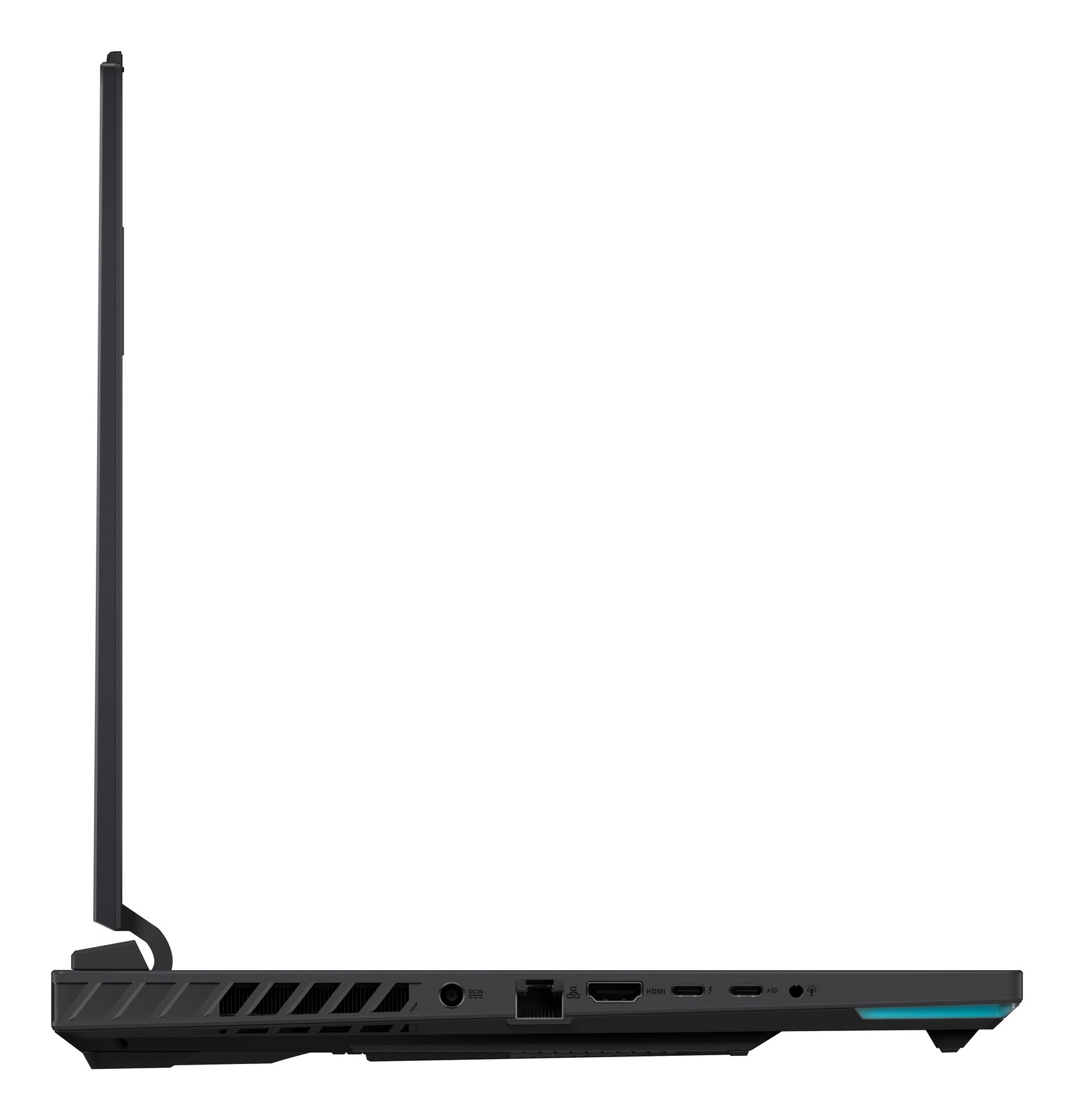 Laptop nero di profilo con schermo aperto e porte visibili.