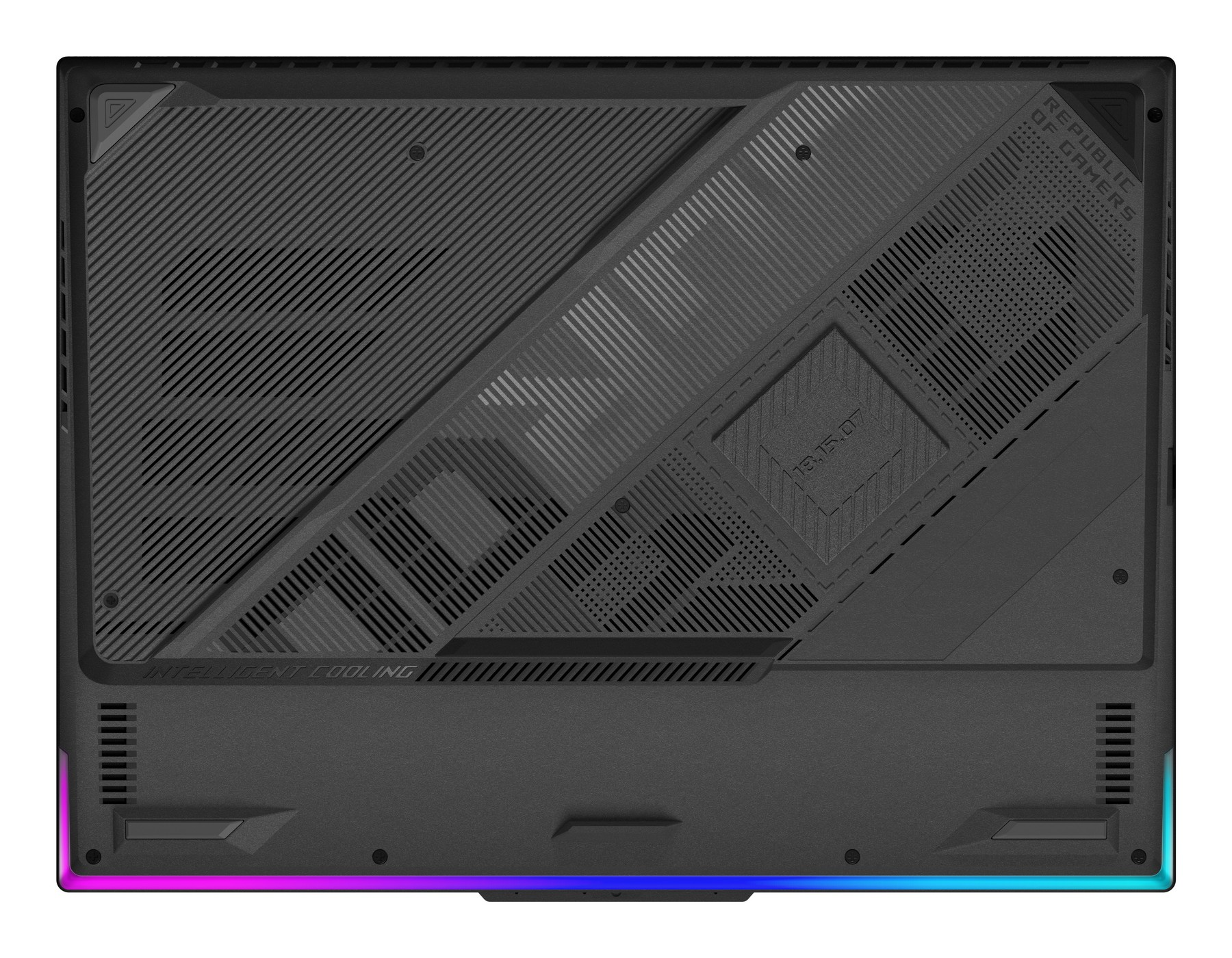 Parte inferiore del laptop con prese d'aria e illuminazione RGB.