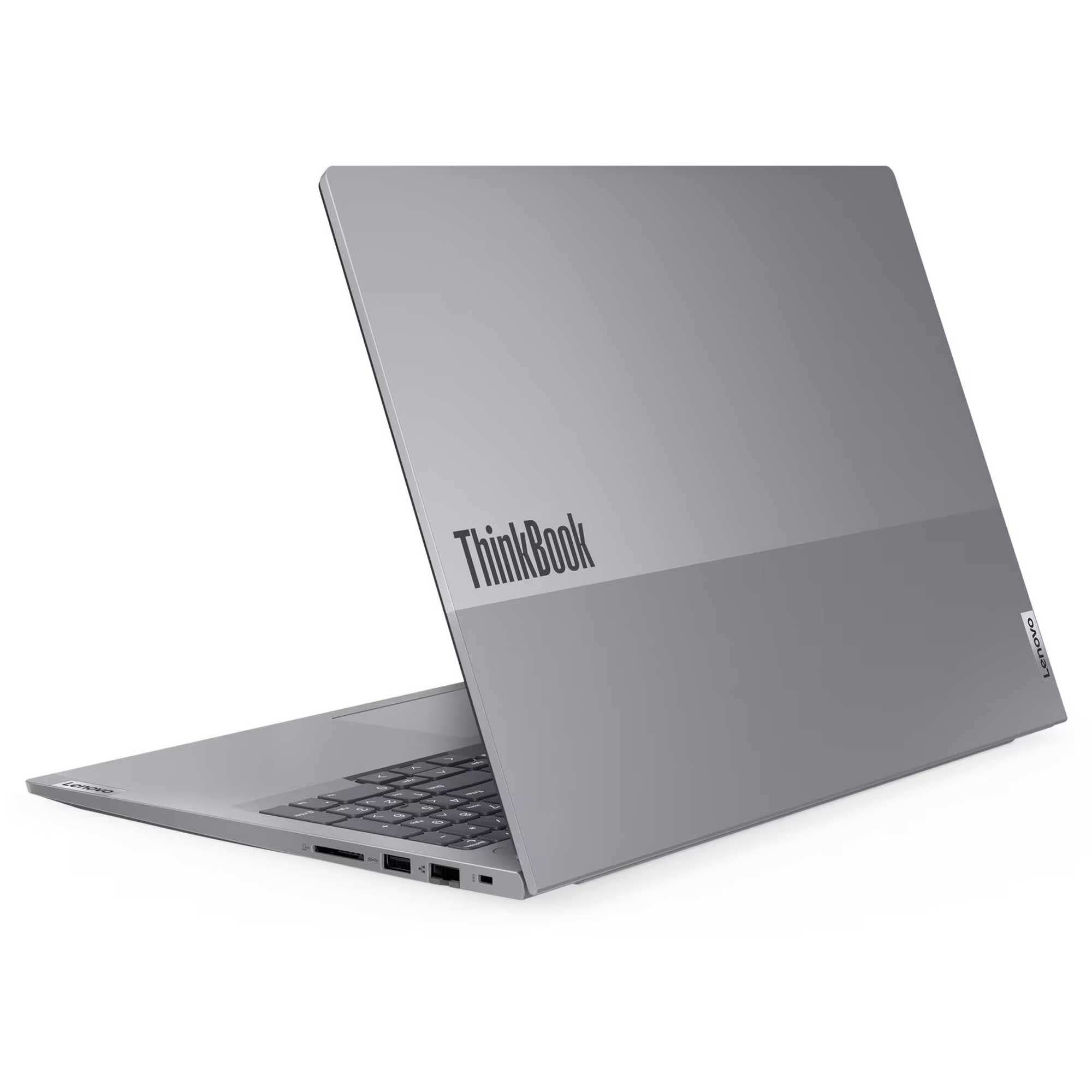 Beyaz arka plan üzerinde açılı duran gri Lenovo ThinkBook dizüstü bilgisayar.
