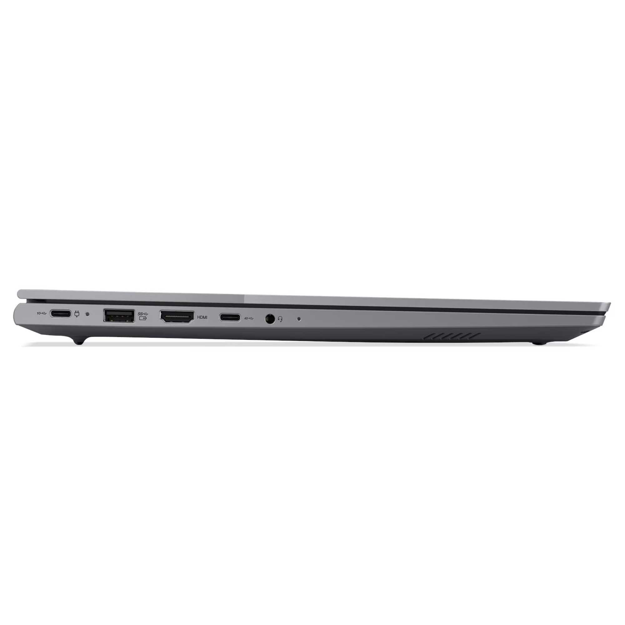 Gri laptop yan görünümü, portlar: USB-C, HDMI, USB-A, kulaklık girişi.