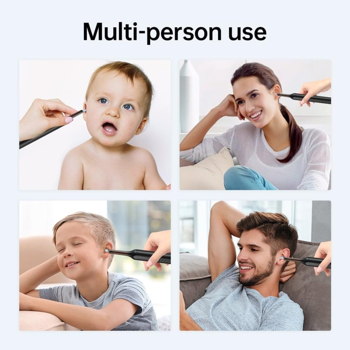 Un bebé, mujer, niño y hombre usando una herramienta para limpiar oídos.