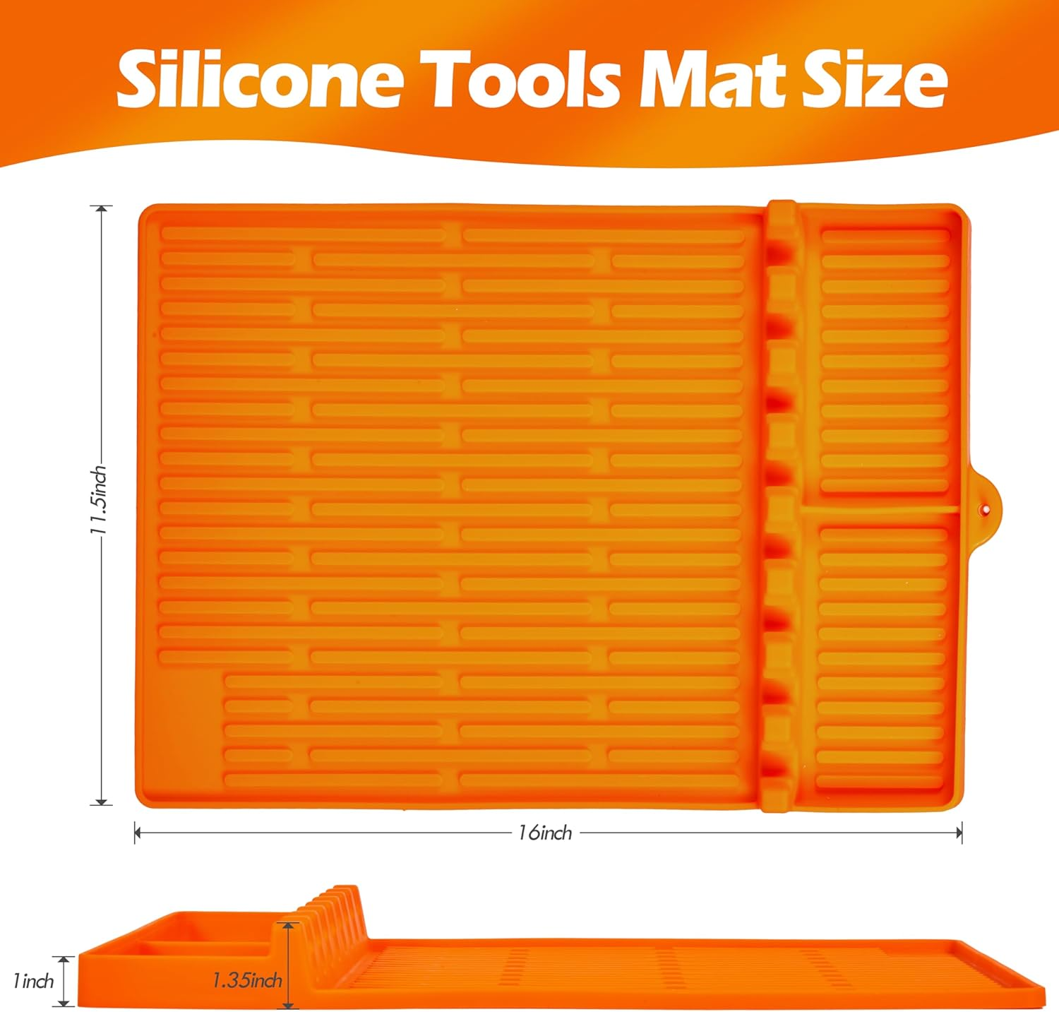 Orange Silikon-Werkzeugmatte mit Rillen und Aufstellern. Maße: 16x11,5 Zoll.
