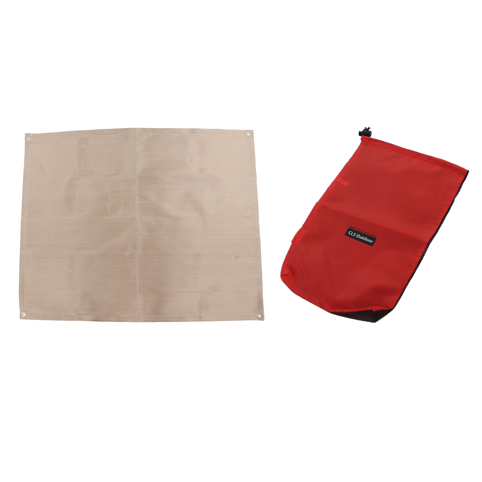 Eine beige Plane und ein roter Beutel mit schwarzem Rand liegen nebeneinander.