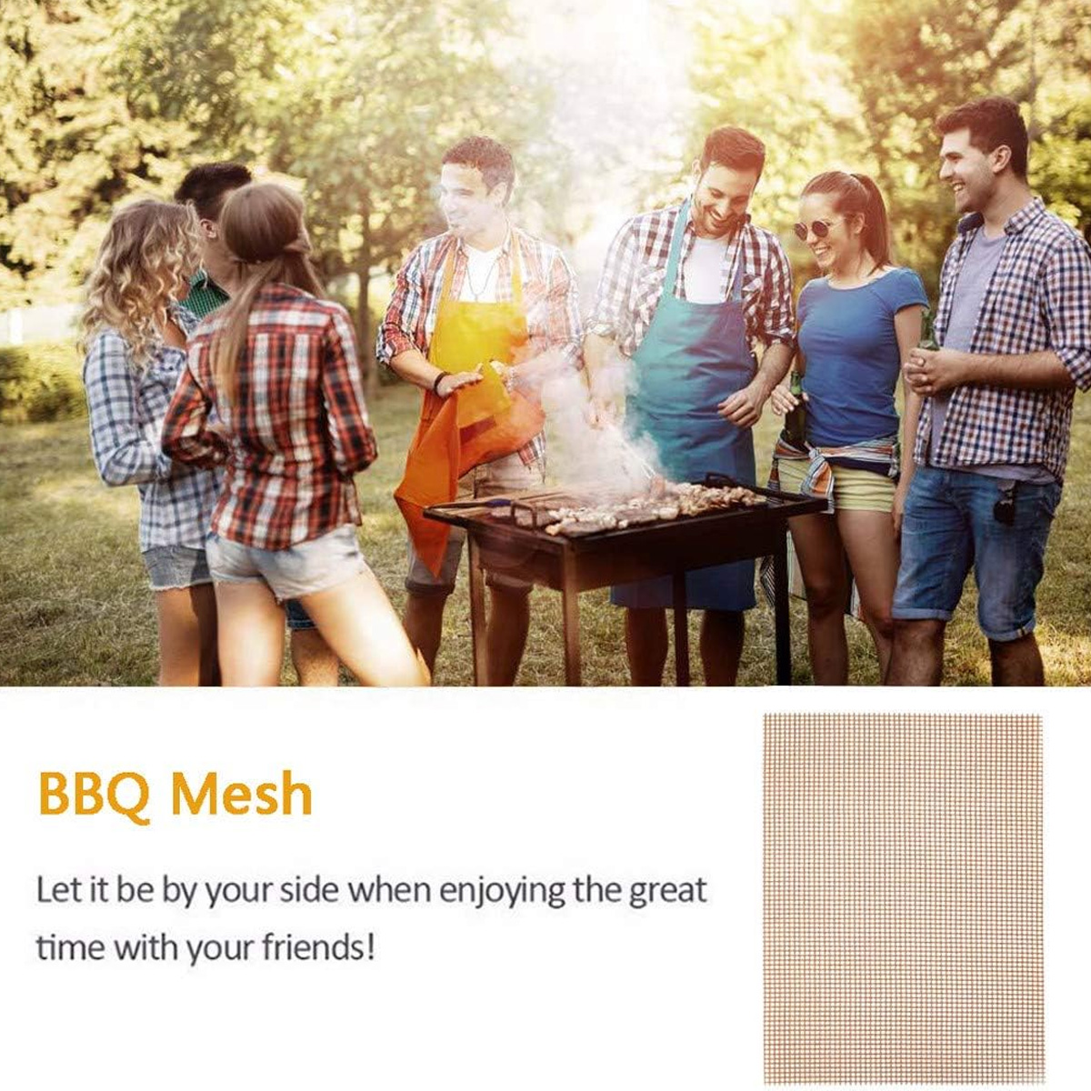 Freunde grillen im Freien, mit Rauch von Kohle und Fleisch auf dem Rost.