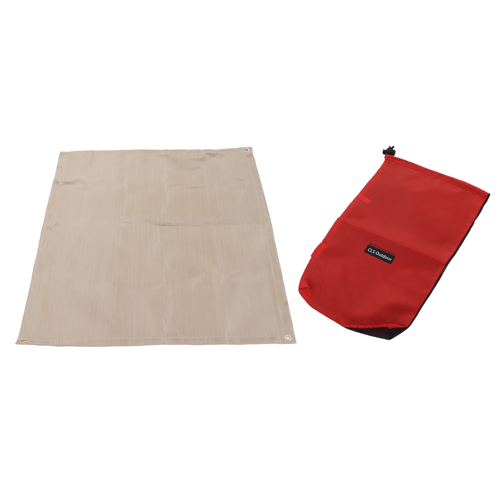 Beigefarbene Matte und roter Beutel mit Aufdruck.
