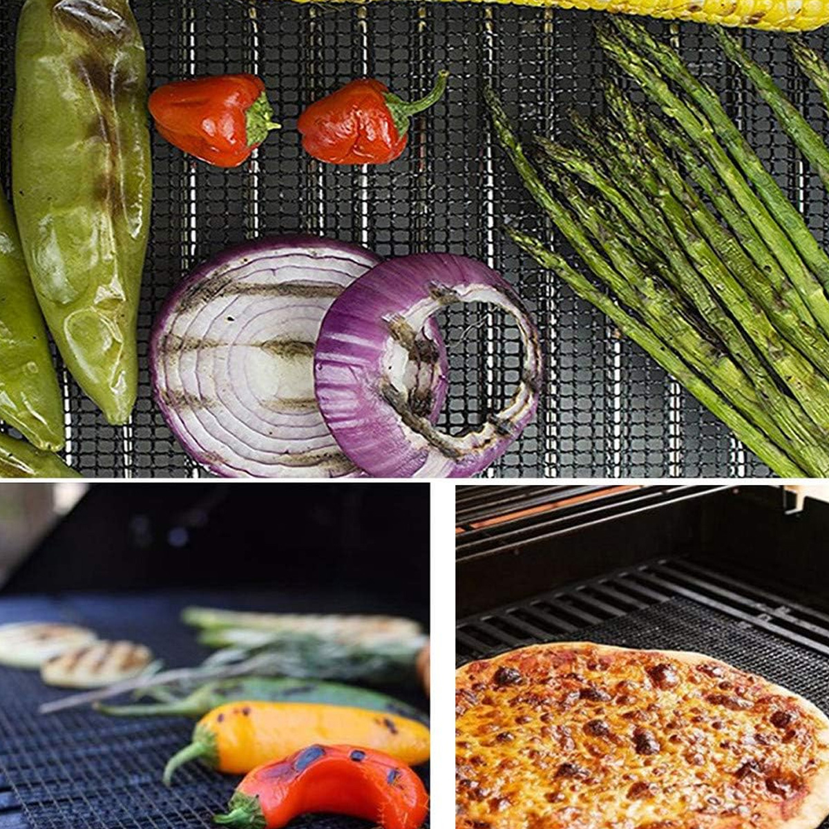 Gegrilltes Gemüse und Pizza auf einer Grillmatte. Enthält Paprika, Zwiebel, Spargel, Mais und Pizza.