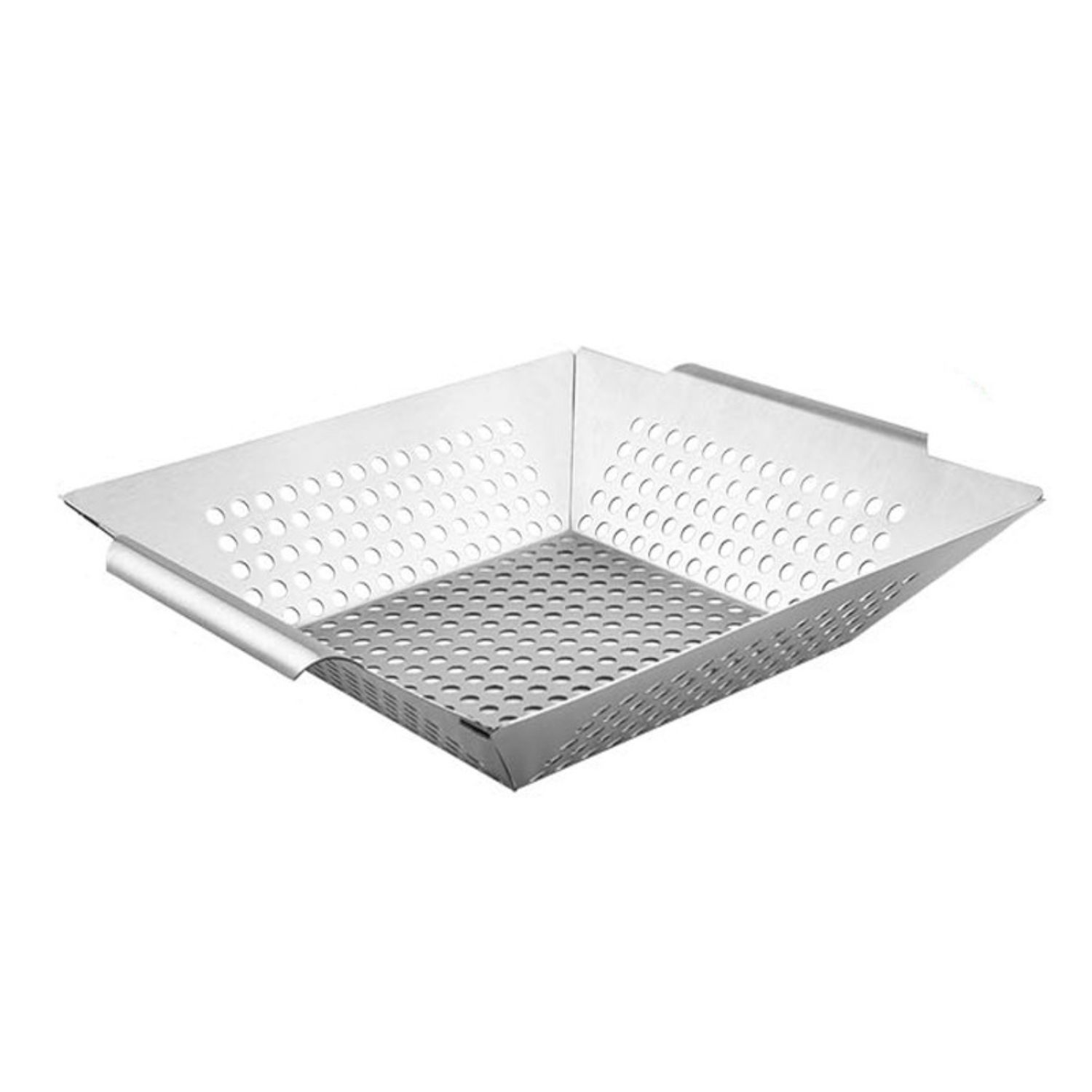 Ein rechteckiger Grillkorb aus Metall mit vielen kleinen Löchern.