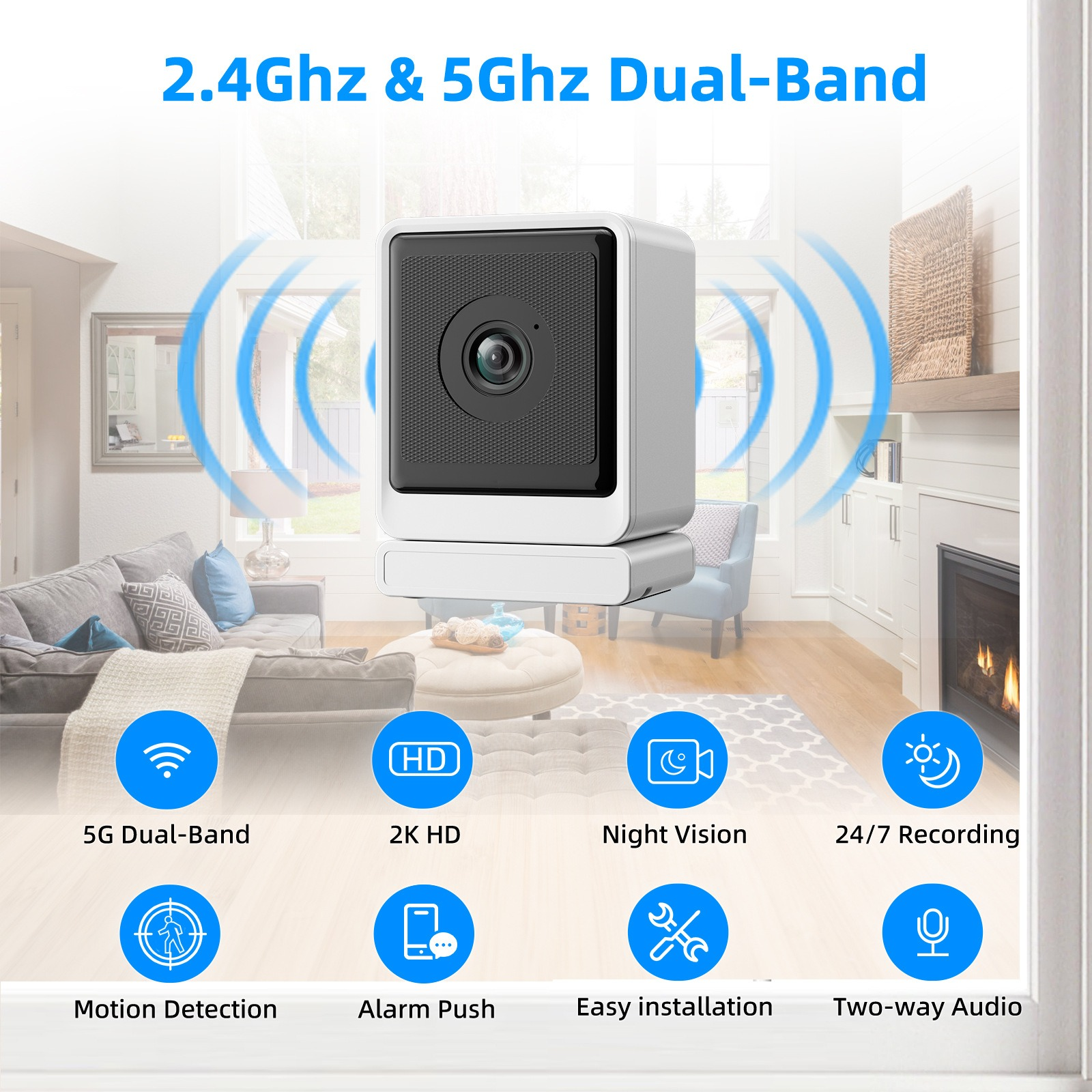 Kompakte Überwachungskamera mit Dual-Band Wi-Fi, 2K HD, Nachtsicht, Bewegungserkennung.