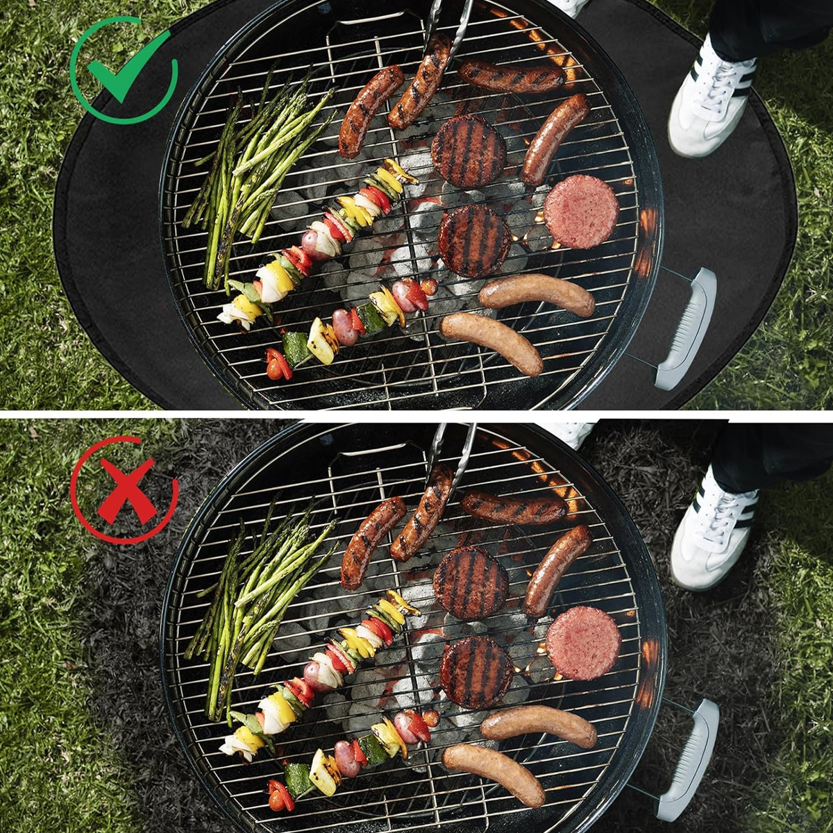 Ein Grill mit Würstchen, Burgern und Gemüsespießen. Oben mit Häkchen, unten mit Kreuz.
