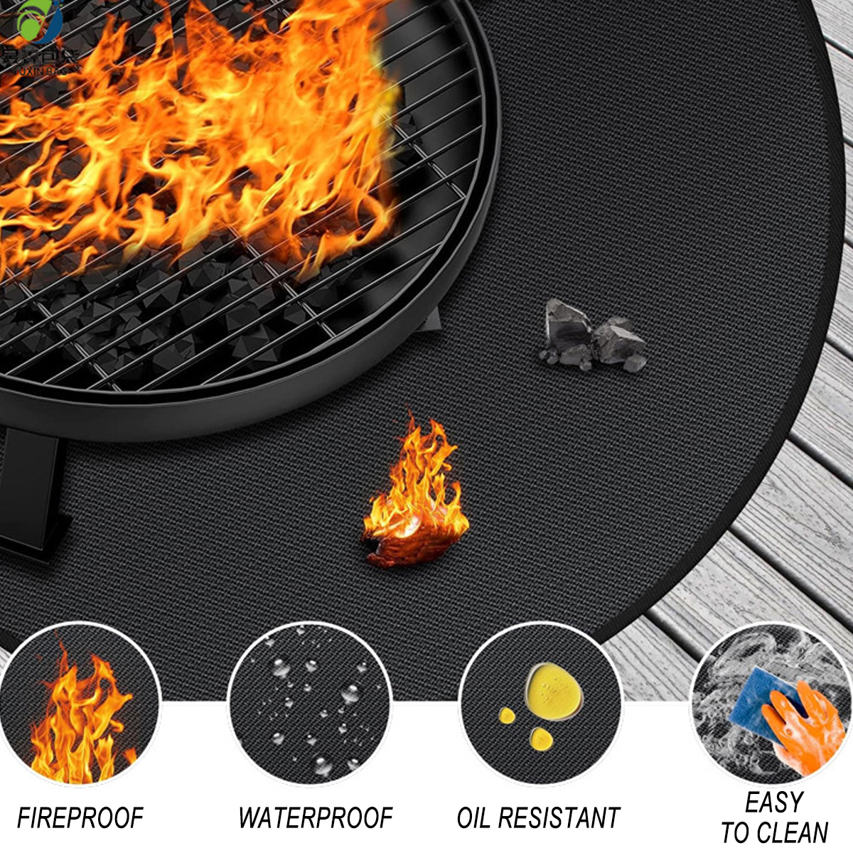 Feuerfeste Matte mit Grill und Flammen, mit Symbolen für Wasser- und Ölbeständigkeit.