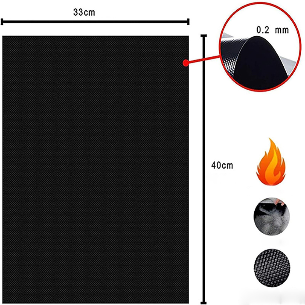 Schwarze Grillmatte, 33x40cm, 0,2mm dick, hitzebeständig.