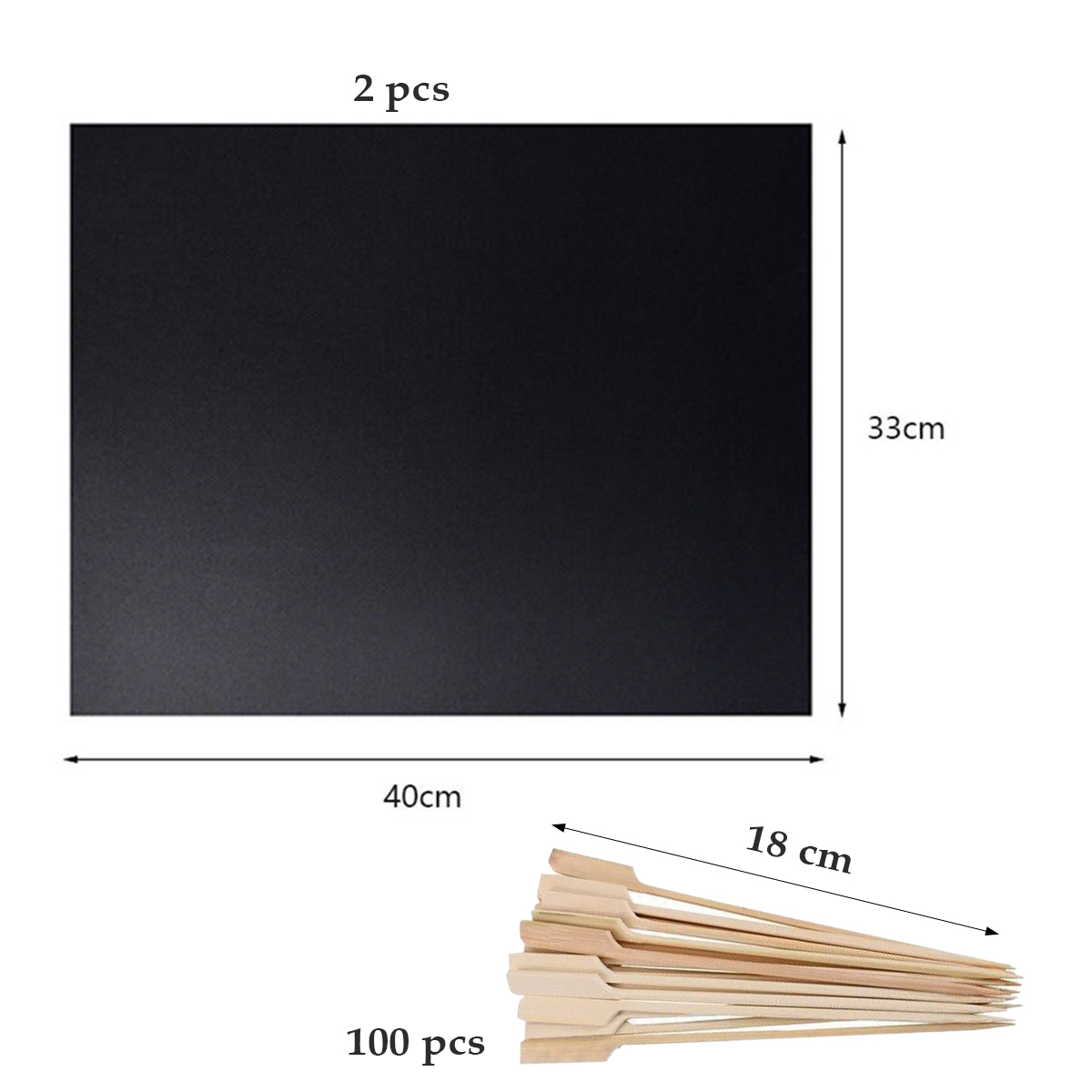Ein schwarzes Rechteck (40x33cm) und ein Bündel Holzspieße (18cm).