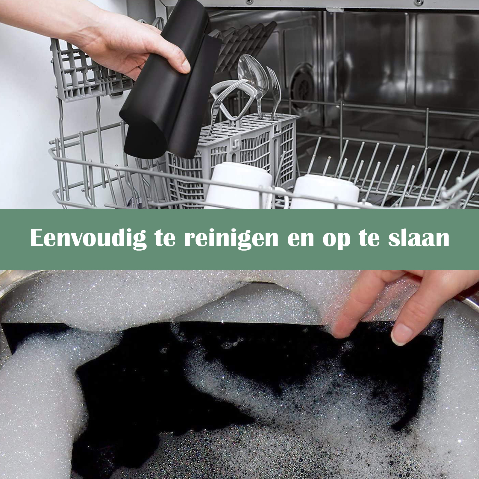 Eine Hand legt eine schwarze Matte in einen offenen Geschirrspüler. Unten wird die Matte in schaumigem Wasser gereinigt.