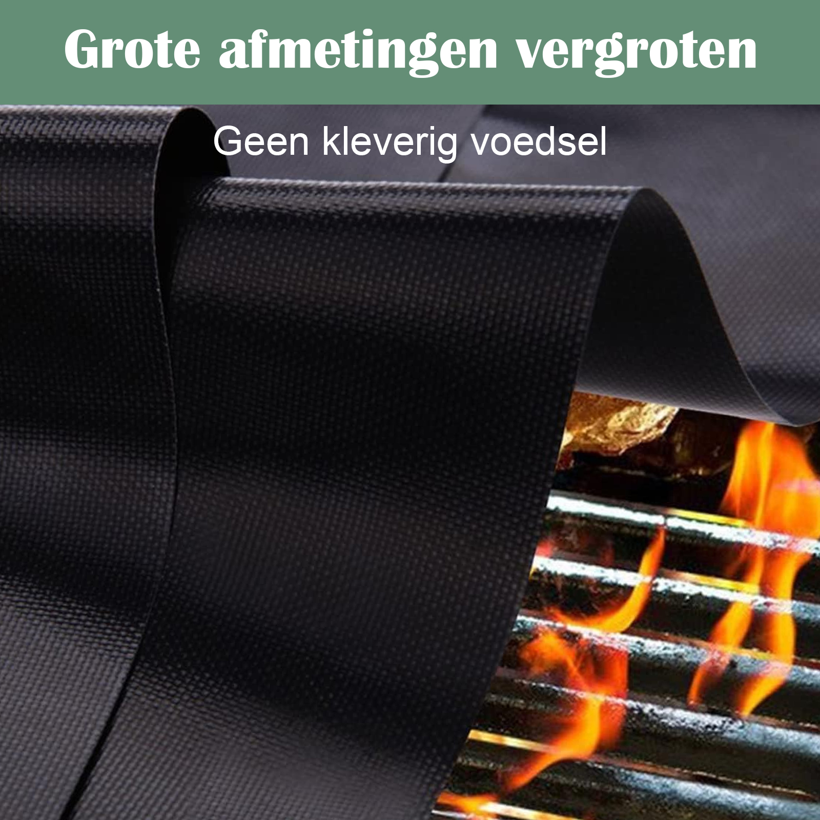 Schwarze Grillmatte über glühenden Flammen und Grillrost.