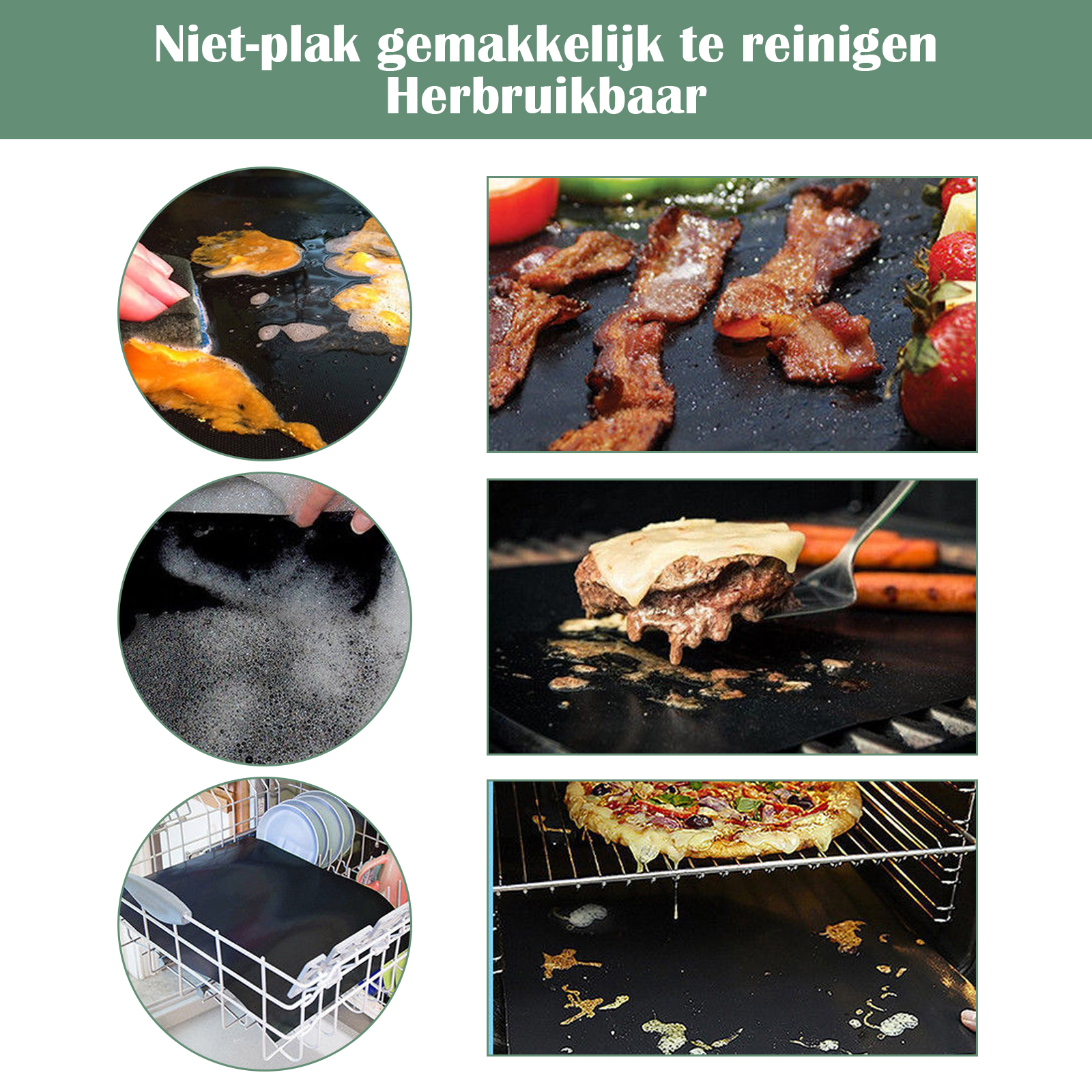 Bilder zeigen Grillmatten beim Kochen, Reinigen und Trocknen von Speisen.