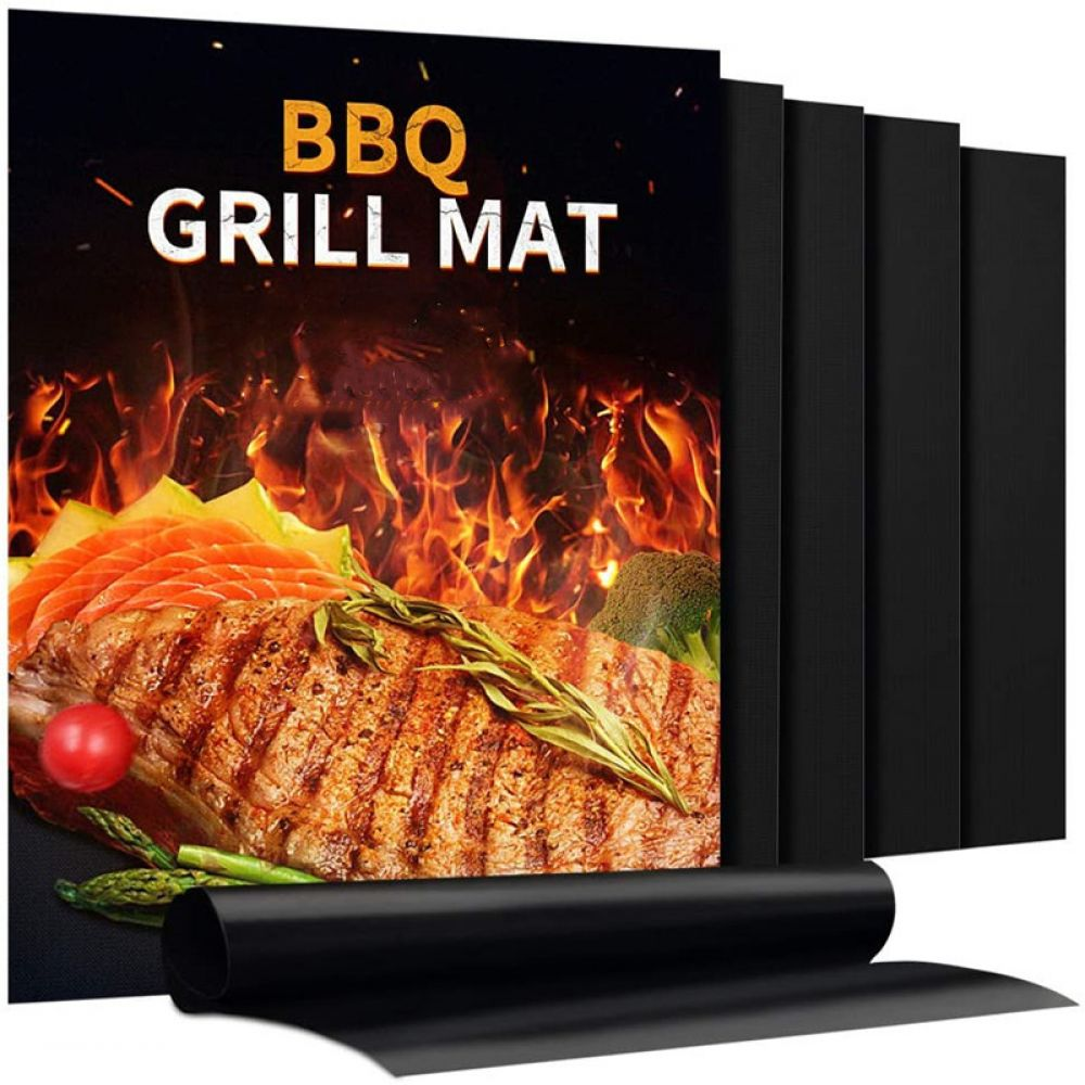 BBQ Grillmatten-Verpackung mit gegrilltem Steak, Lachs, Spargel, Brokkoli und Feuer.