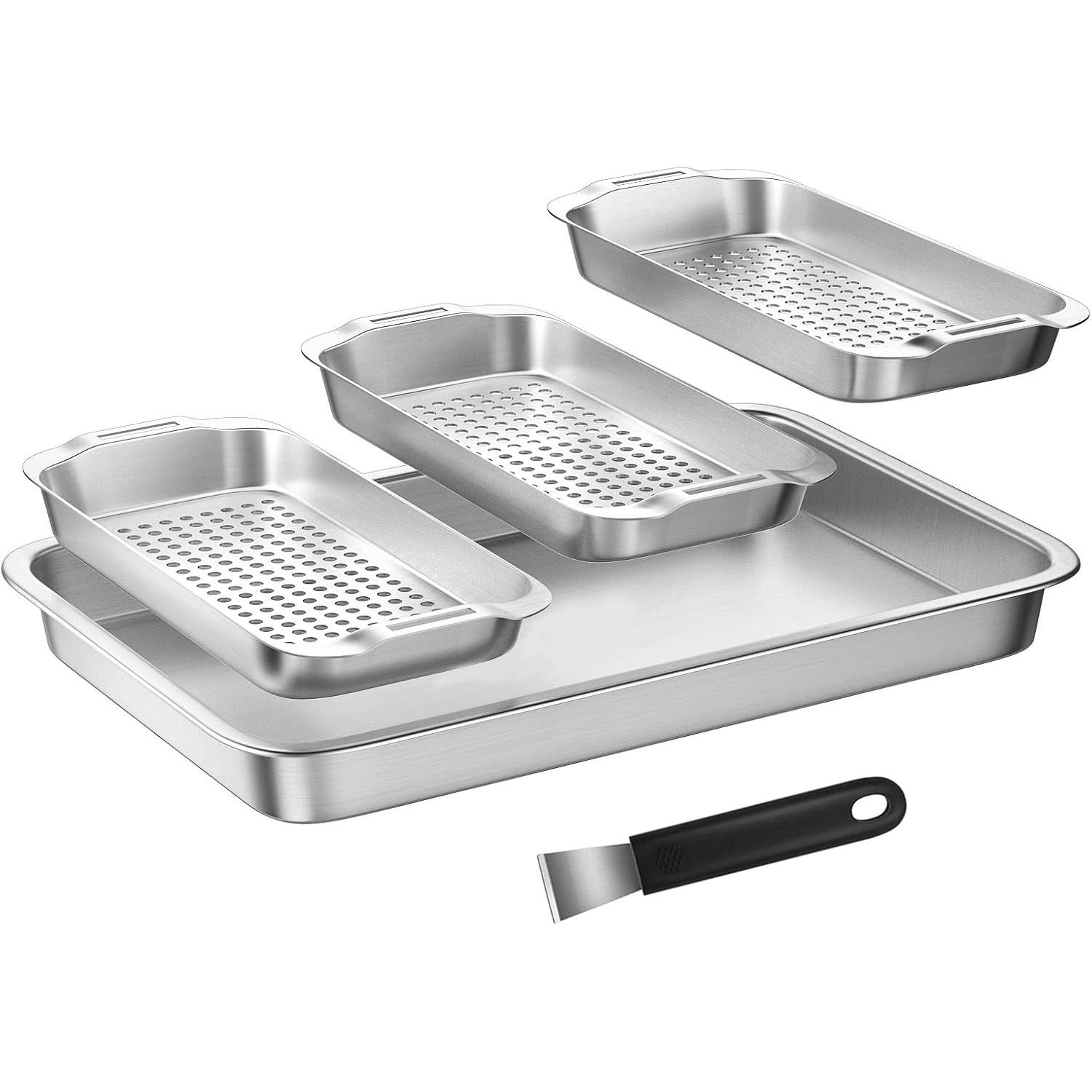 Edelstahl-Backformen-Set mit Einsätzen und Schaber.