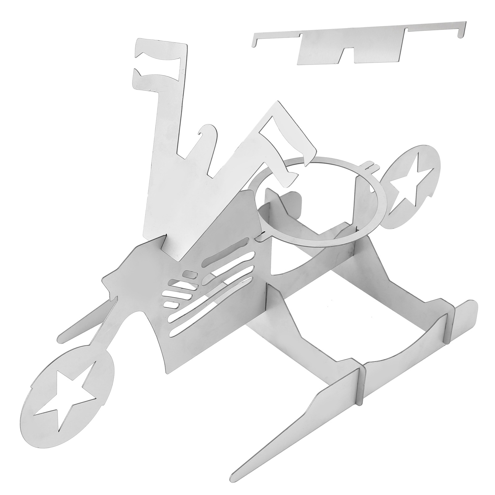 Ein silbernes Metallpuzzle eines Motorrads mit Sternen auf den Rädern.