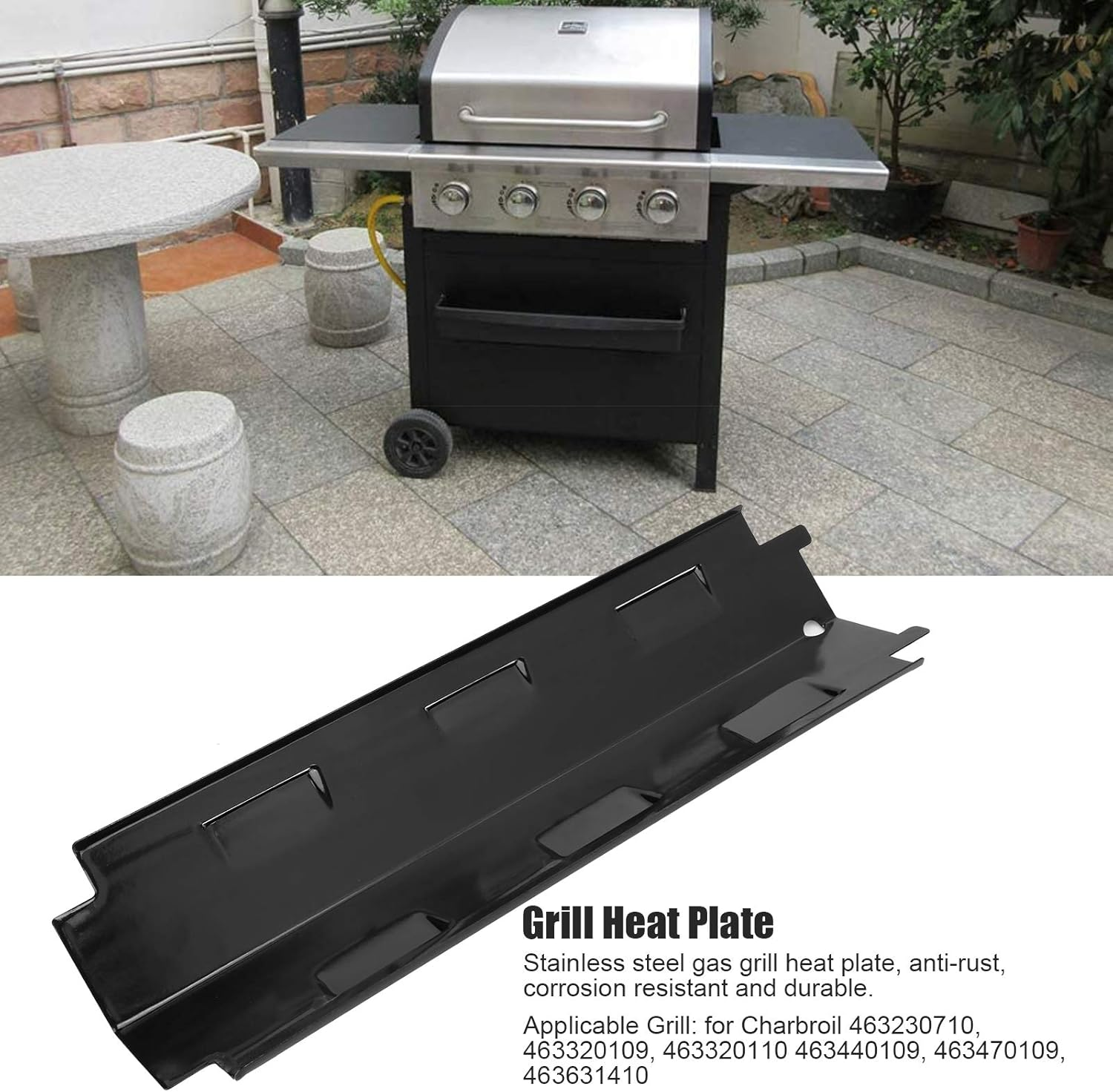 Schwarze Grill-Hitzeschutzplatte aus Edelstahl, passend für Charbroil-Grills.
