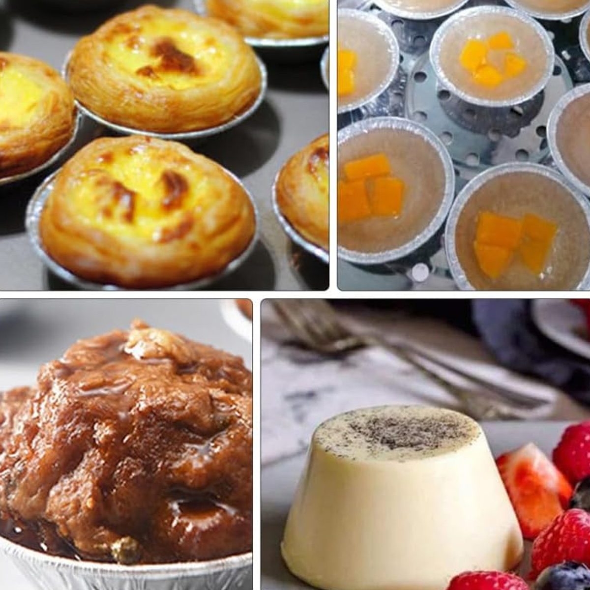 Vier verschiedene Desserts: Eiertörtchen, Gelee mit Fruchtstücken, Schokoladenpudding, Panna Cotta.