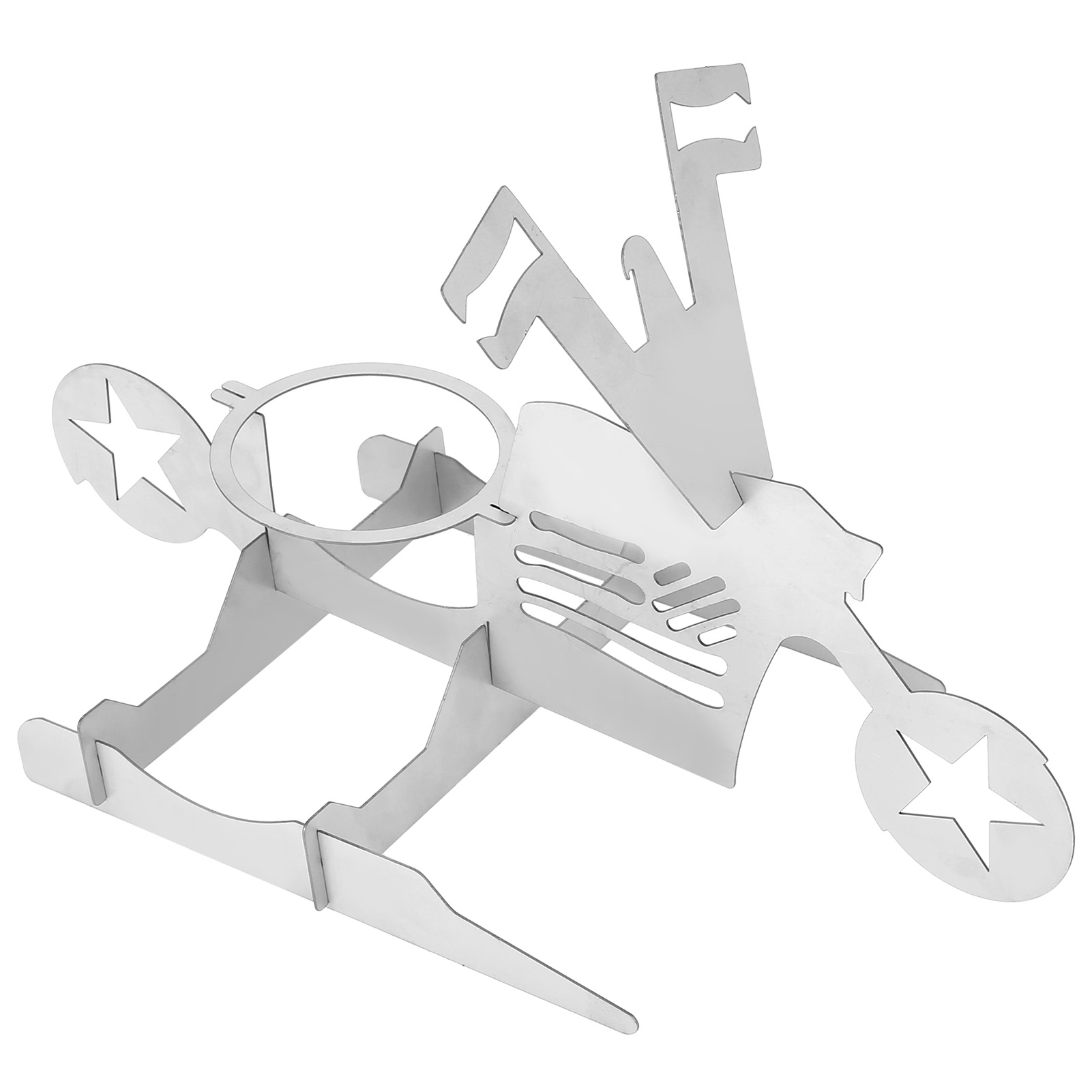 Ein silbernes Metallmodell eines Motorrads mit Sternen auf den Rädern.