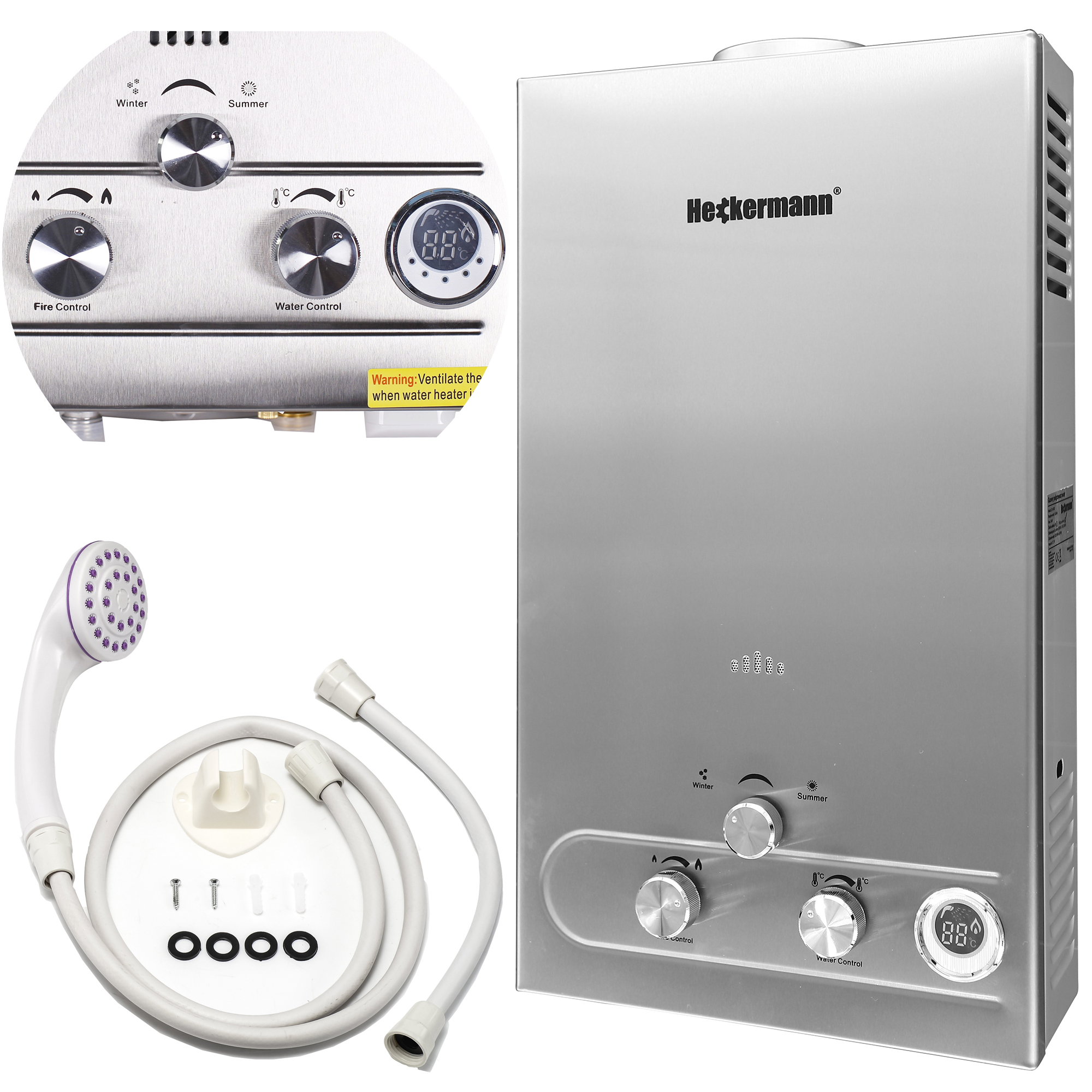 Srebrny podgrzewacz gazowy z pokrętłami, słuchawką prysznicową i wężem.