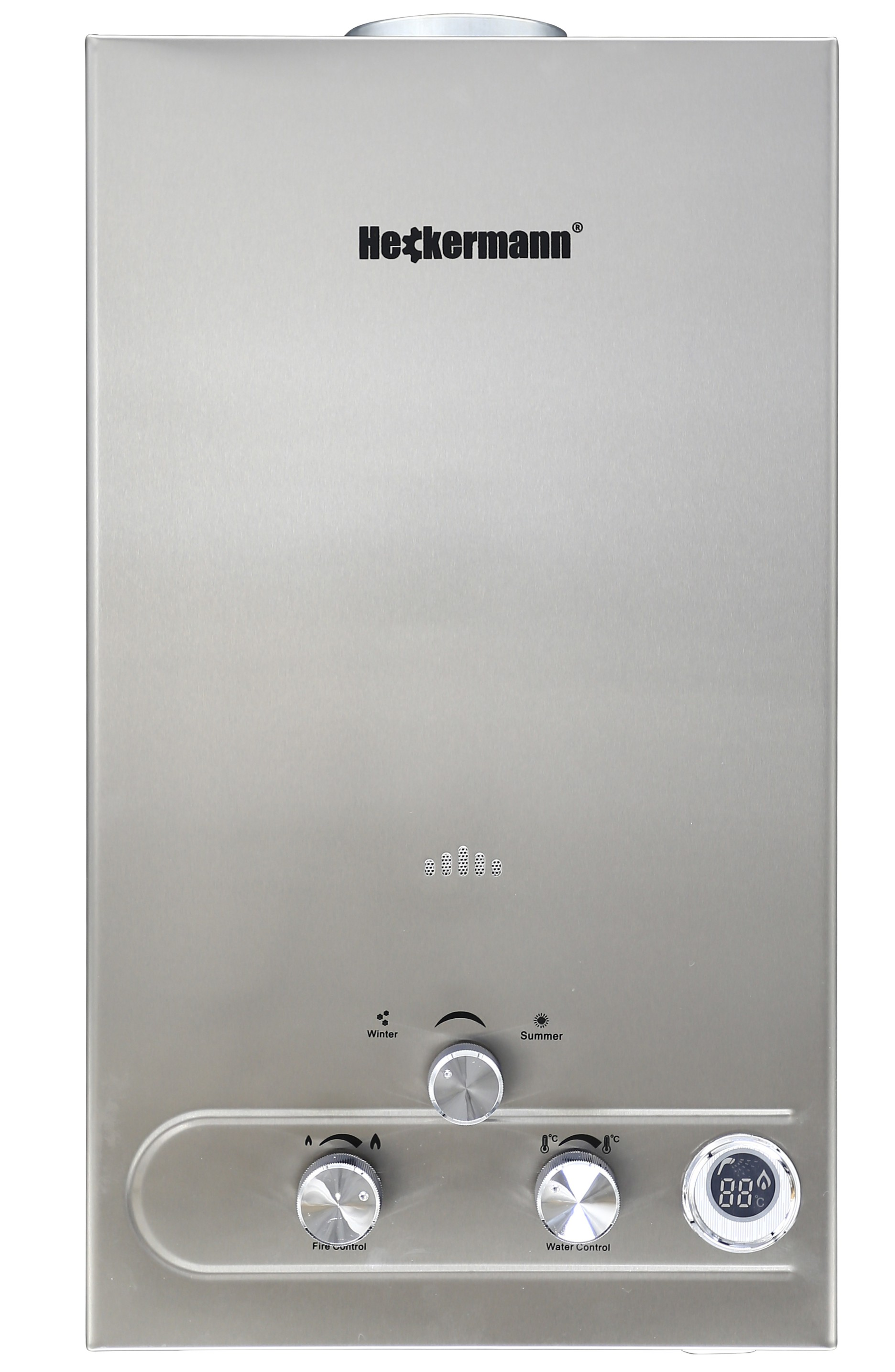 Srebrny podgrzewacz wody gazowej Heckermann z pokrętłami i wyświetlaczem cyfrowym.
