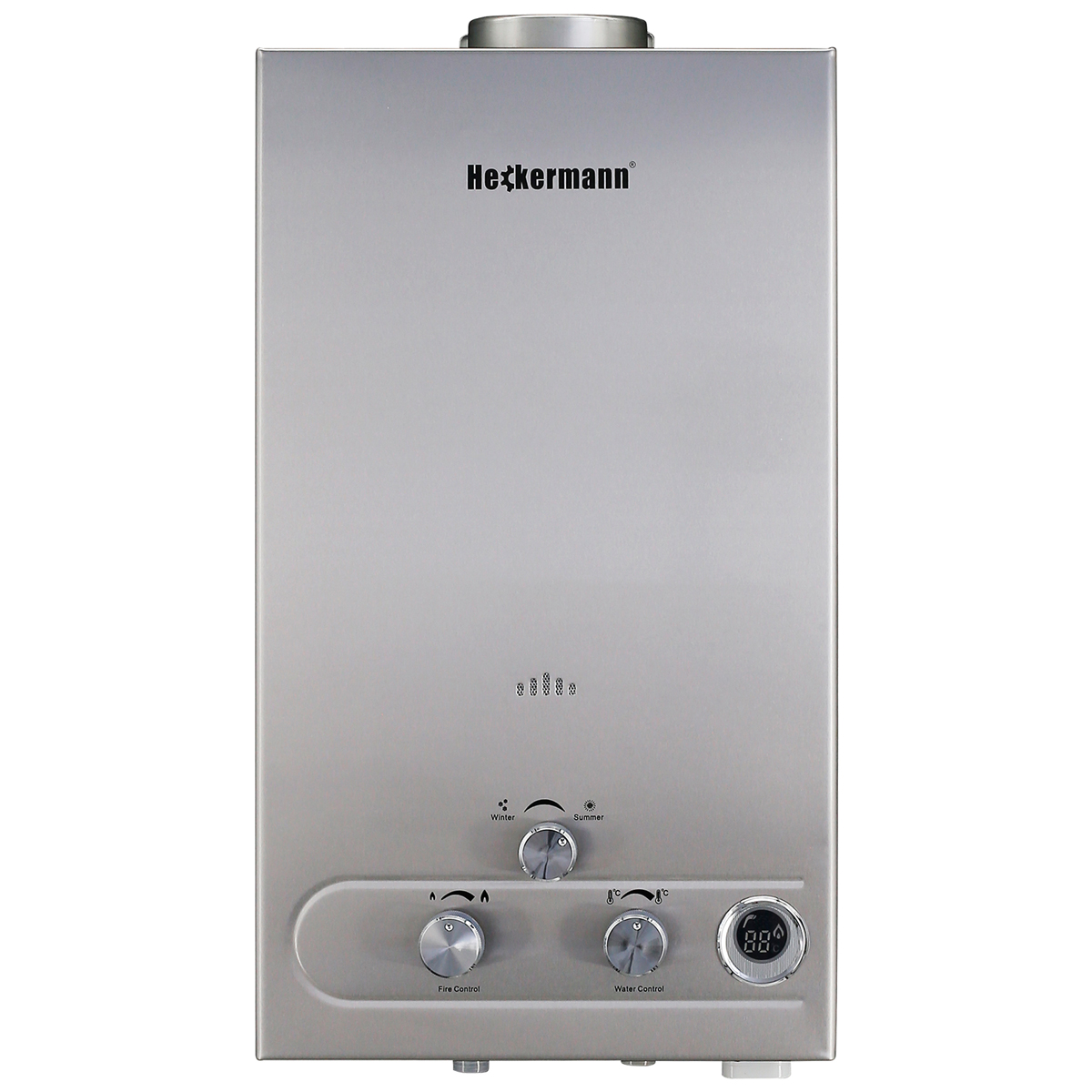 Srebrny podgrzewacz wody gazowy Heckermann z kontrolkami i cyfrowym wyświetlaczem.