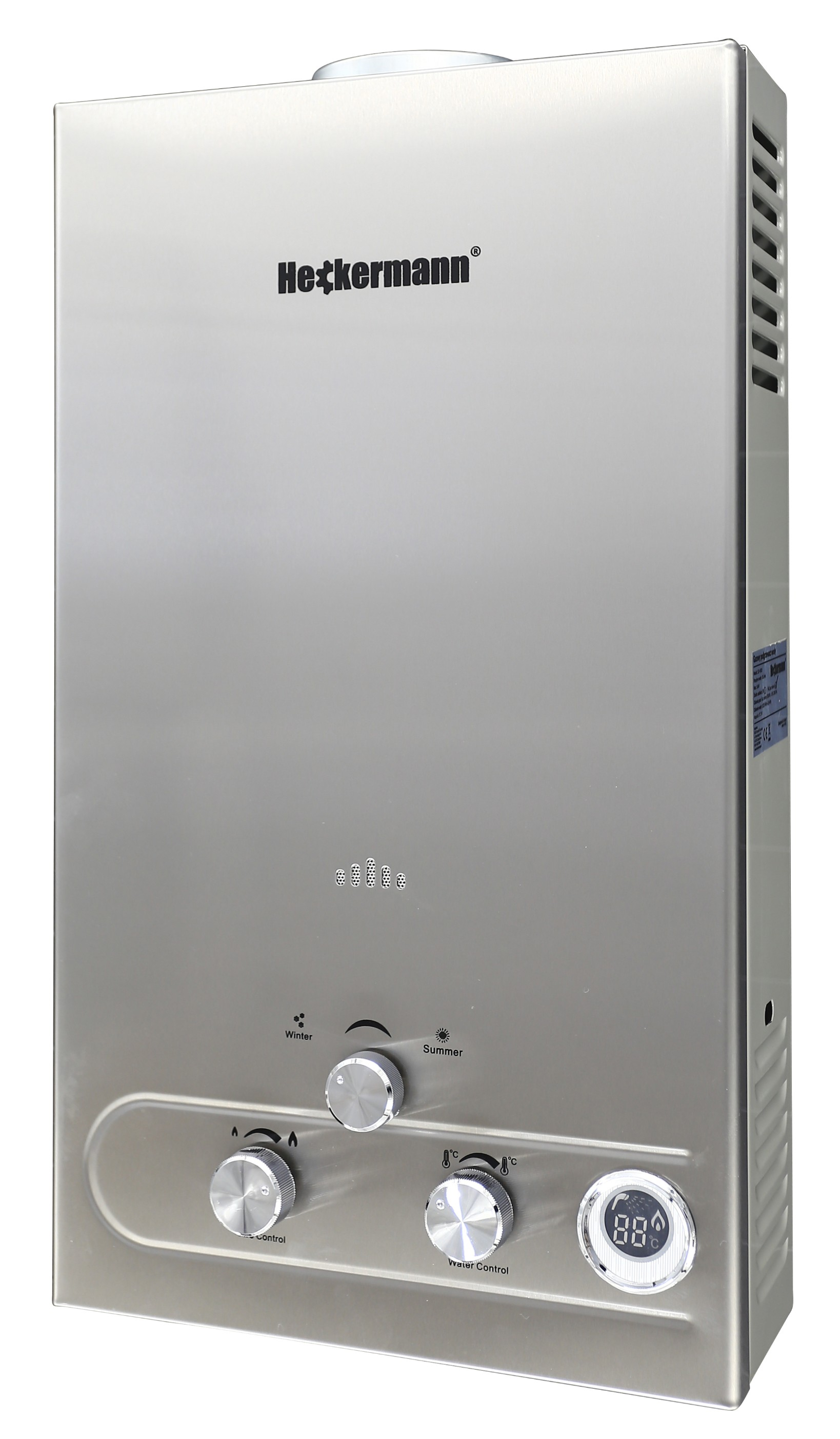 Srebrny podgrzewacz wody Heckermann z pokrętłami i cyfrowym wyświetlaczem.