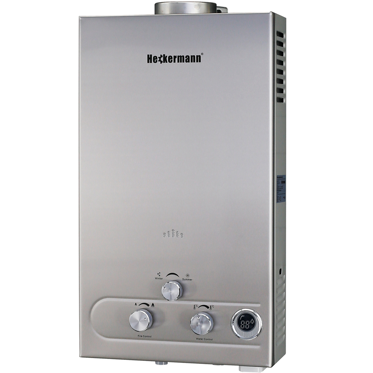 Srebrny przepływowy podgrzewacz wody gazowy z pokrętłami i wyświetlaczem.