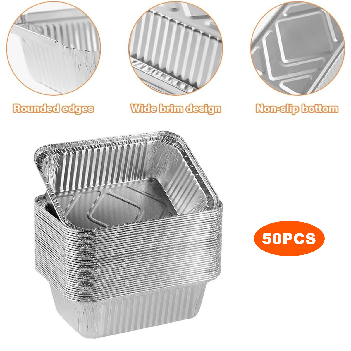 Stapel von Aluminium-Lebensmittelbehältern mit gerundeten Kanten und breiter Krempe.