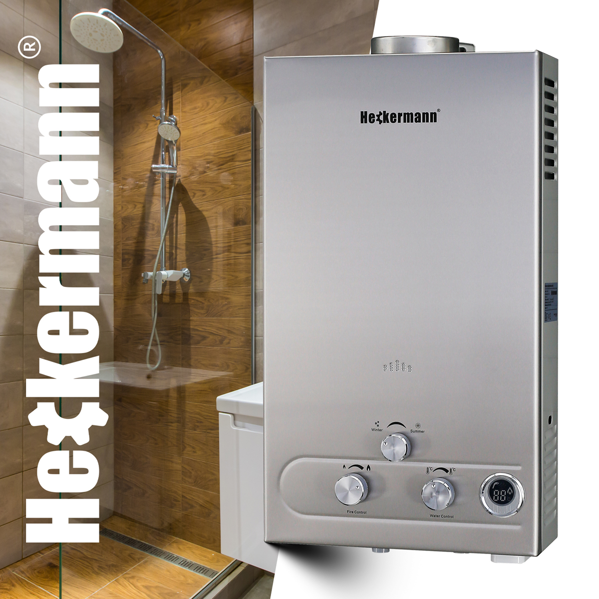 Gazowy podgrzewacz wody Heckermann obok kabiny prysznicowej z drewnianymi akcentami.