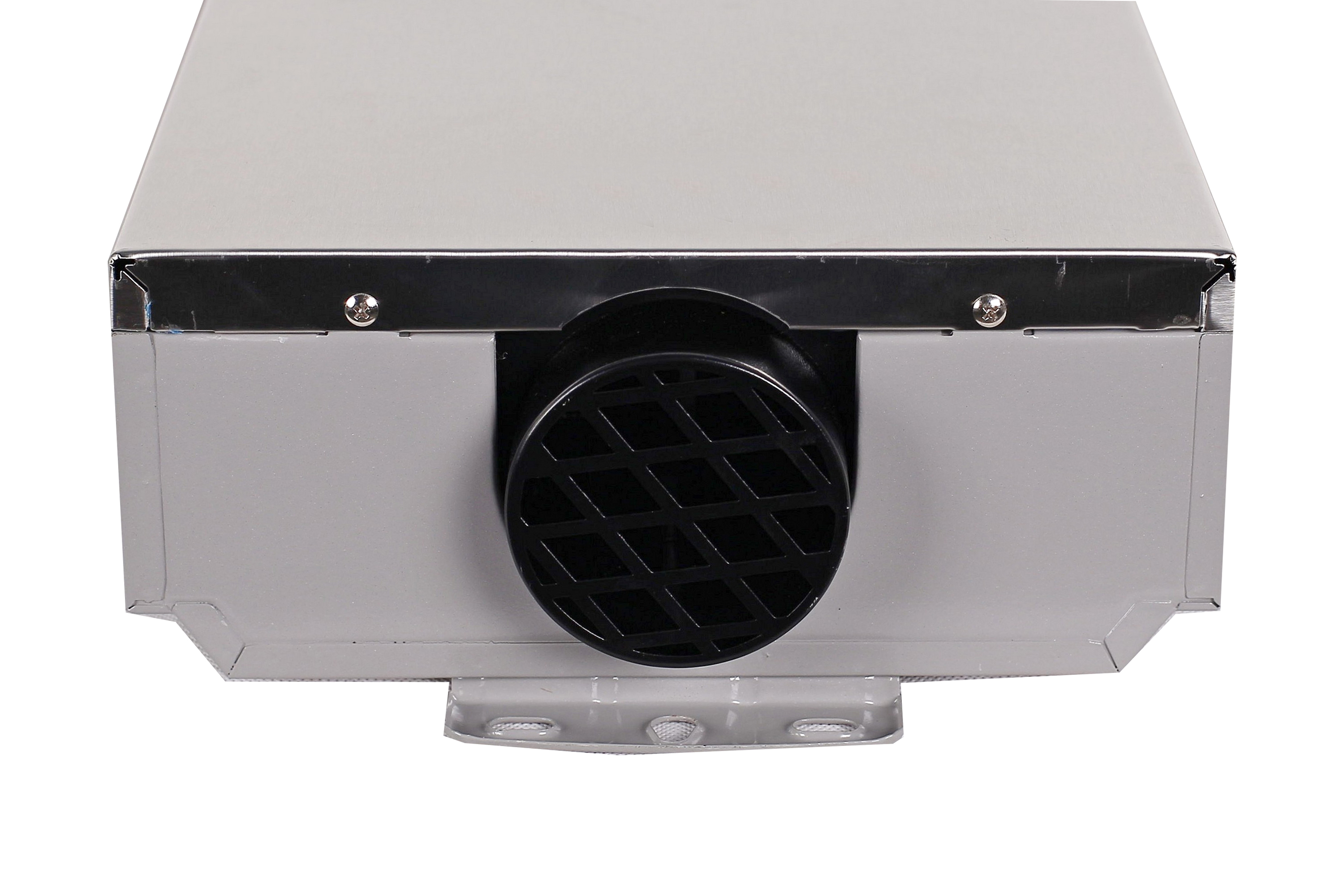 Szara metalowa obudowa z czarną kratką wentylacyjną i zaczepami.