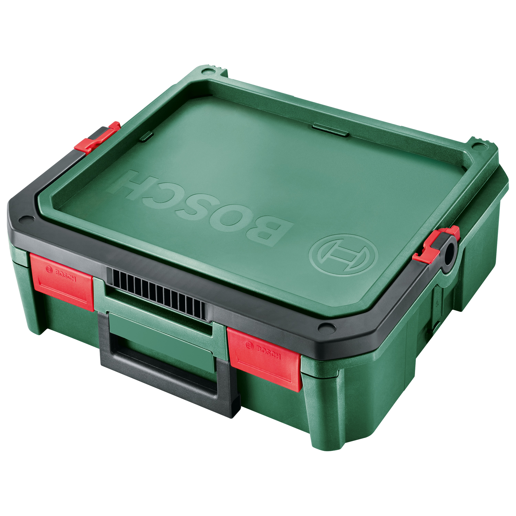 Cassetta Bosch verde con manico e chiusure rosse.