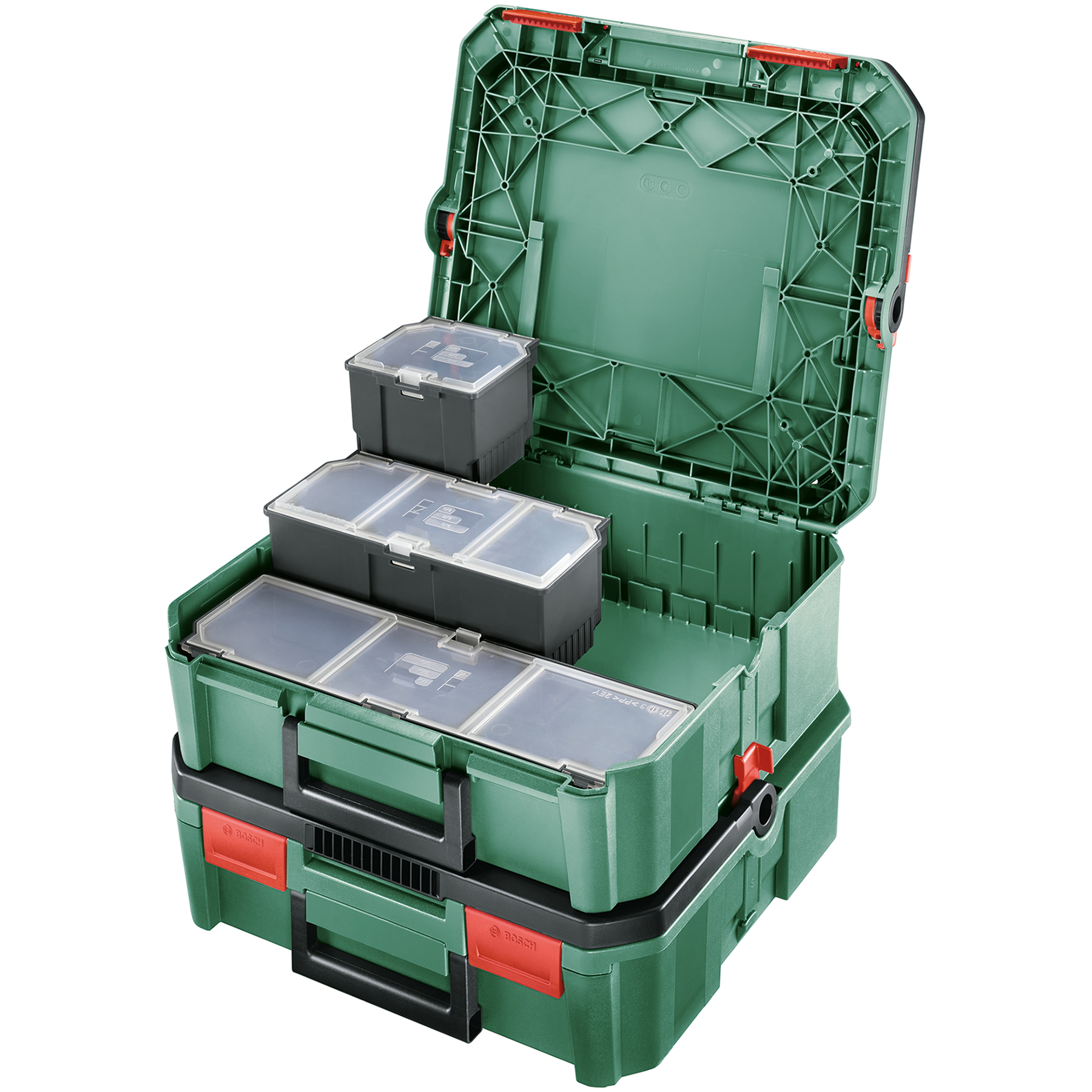 Cassetta degli attrezzi verde con coperchio aperto e inserti.